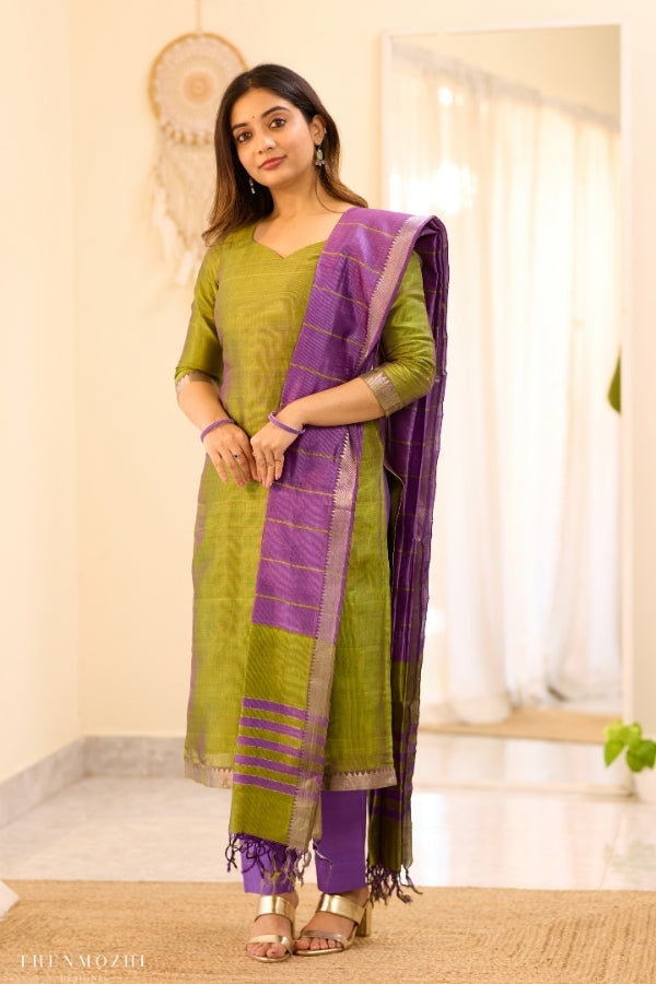 Olive Green Purple Mangalagiri Semi Silk Salwar