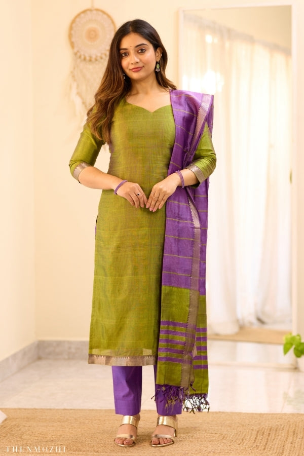 Olive Green Purple Mangalagiri Semi Silk Salwar