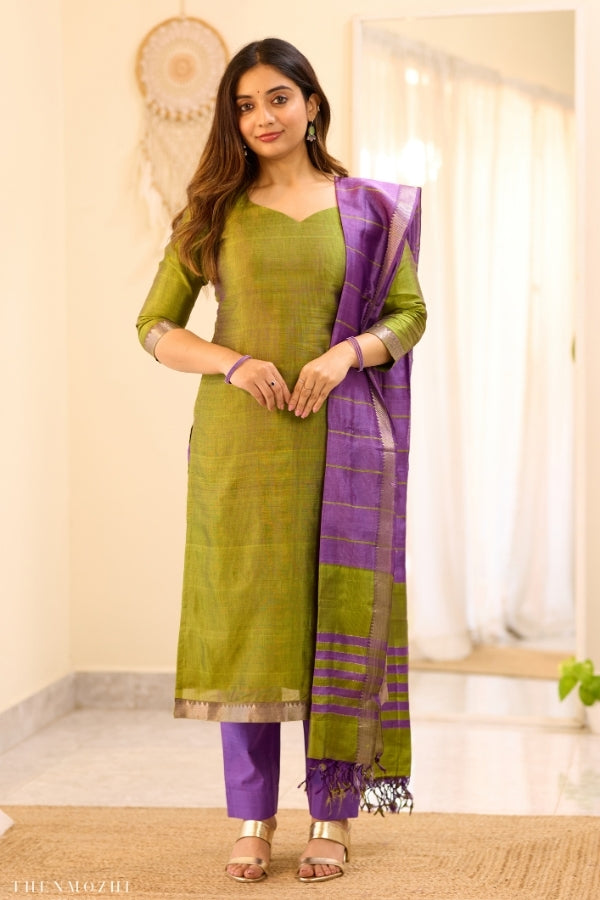 Olive Green Purple Mangalagiri Semi Silk Salwar