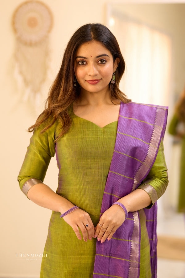 Olive Green Purple Mangalagiri Semi Silk Salwar