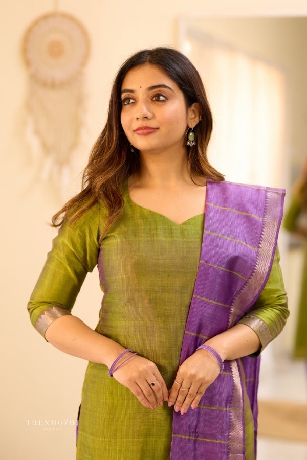Olive Green Purple Mangalagiri Semi Silk Salwar