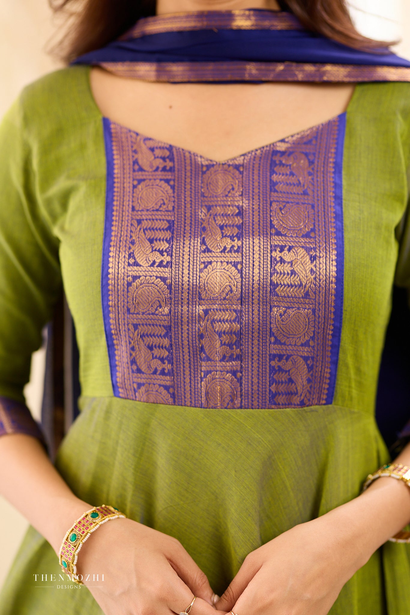 Olive Green with Blue Chettinad Anarkali