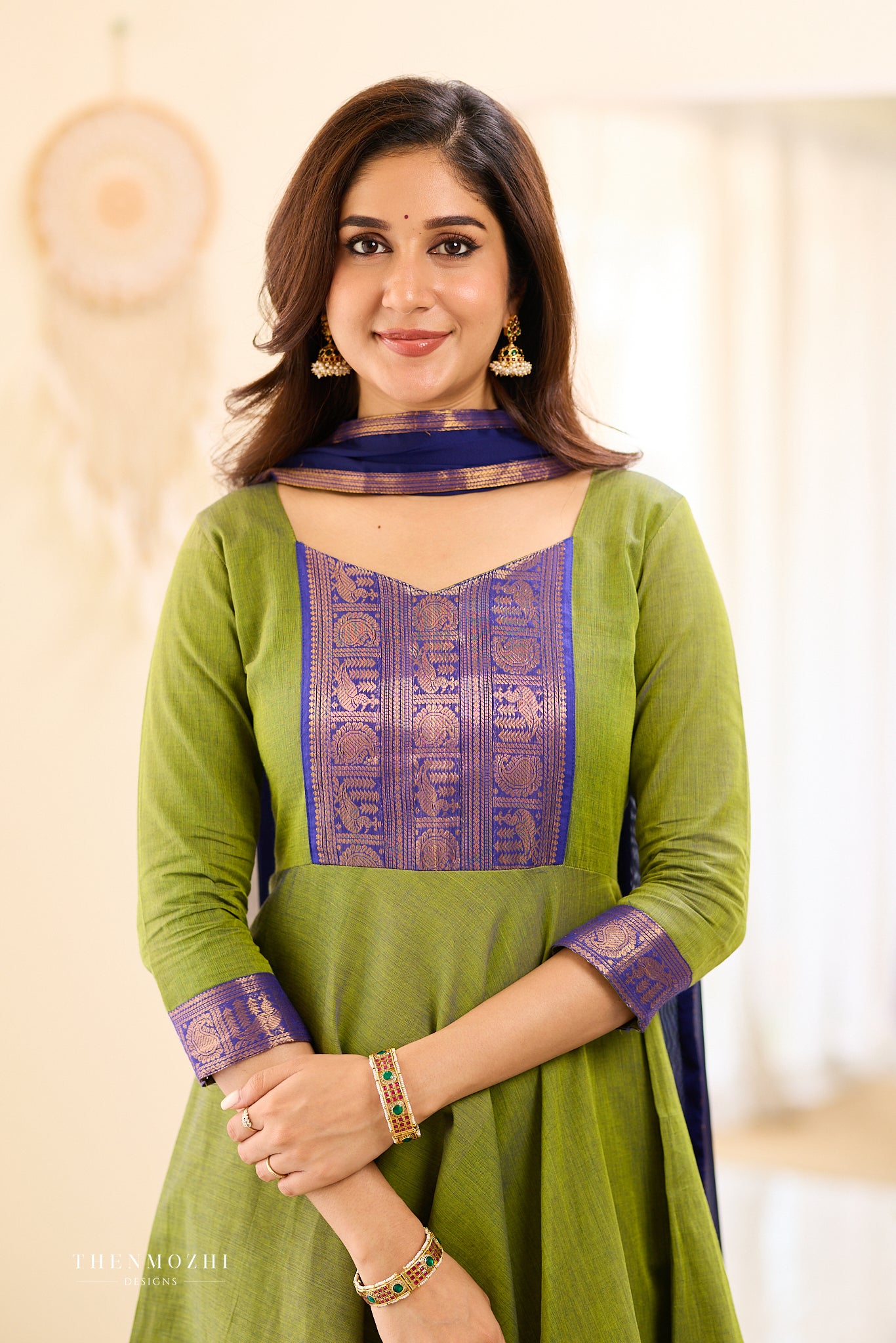 Olive Green with Blue Chettinad Anarkali