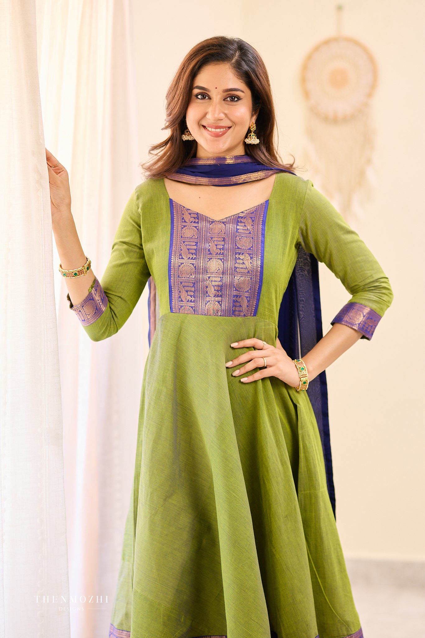 Olive Green with Blue Chettinad Anarkali