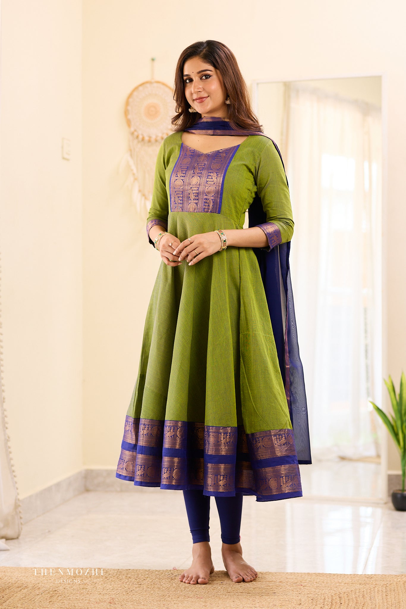 Olive Green with Blue Chettinad Anarkali