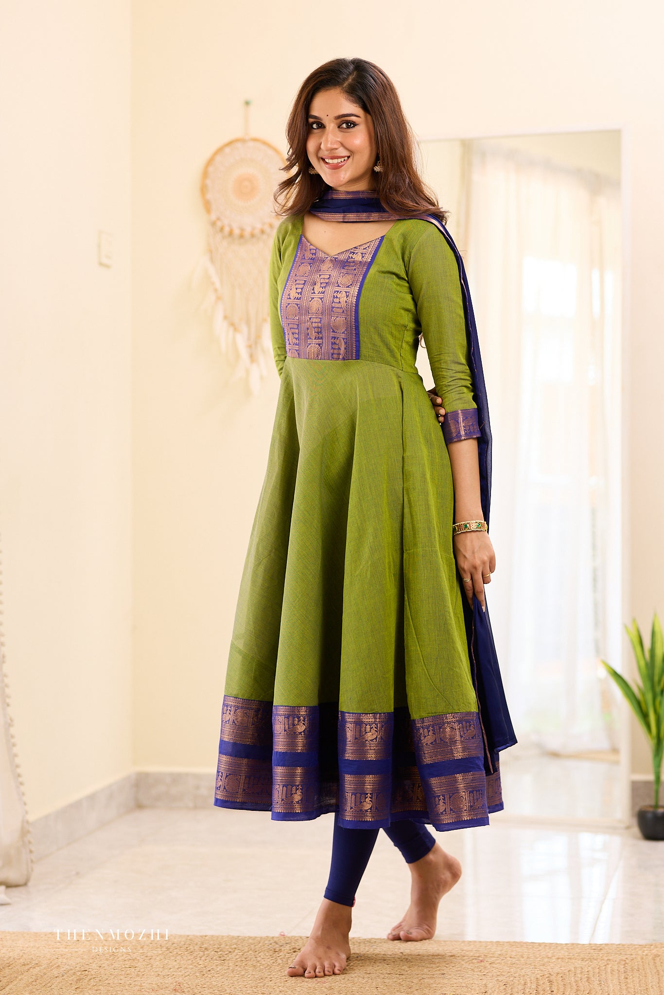 Olive Green with Blue Chettinad Anarkali
