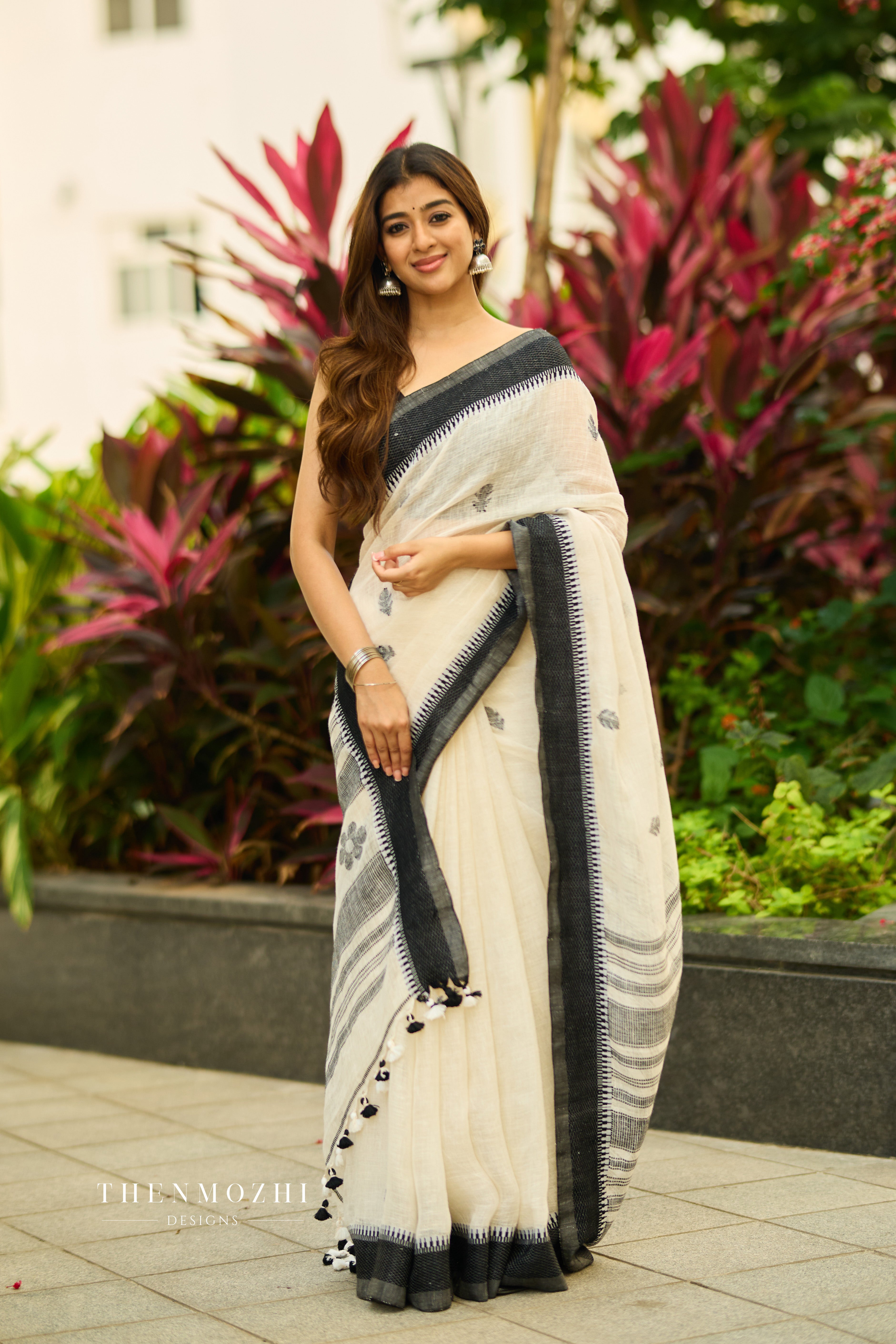 White and Black Linen Saree