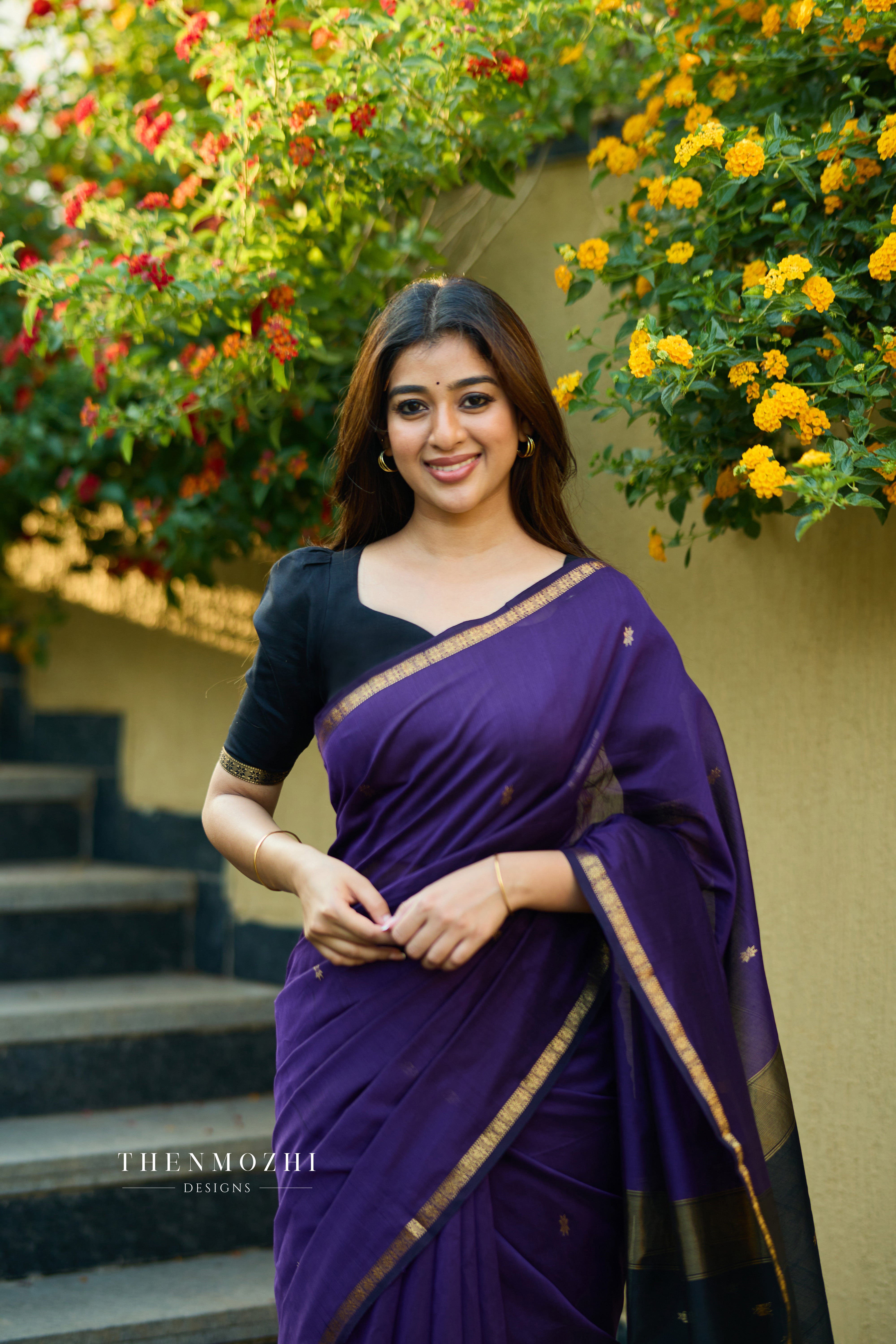 Ethnic Dark Purple Maheshwari Silk Cotton Handloom Saree