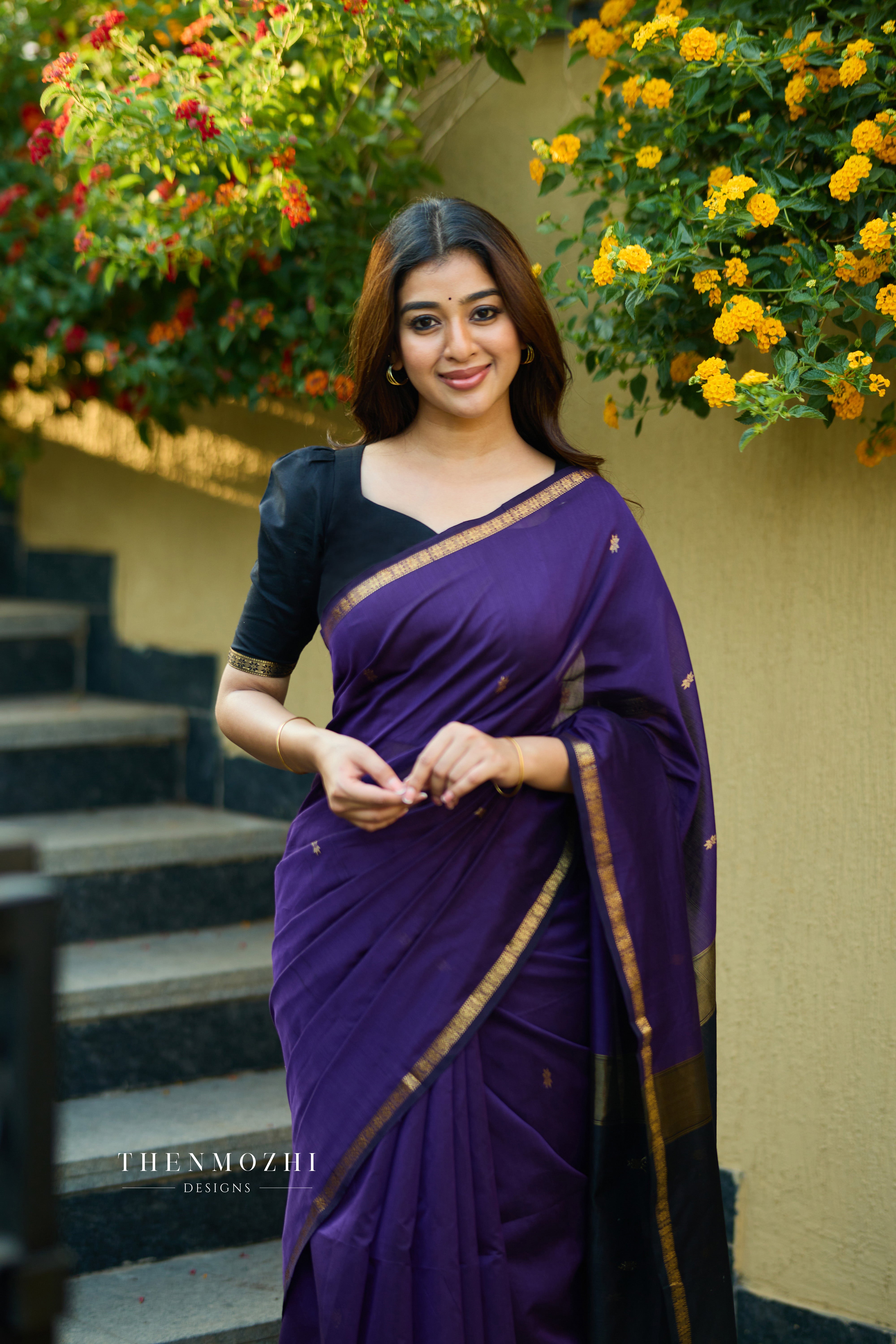Ethnic Dark Purple Maheshwari Silk Cotton Handloom Saree