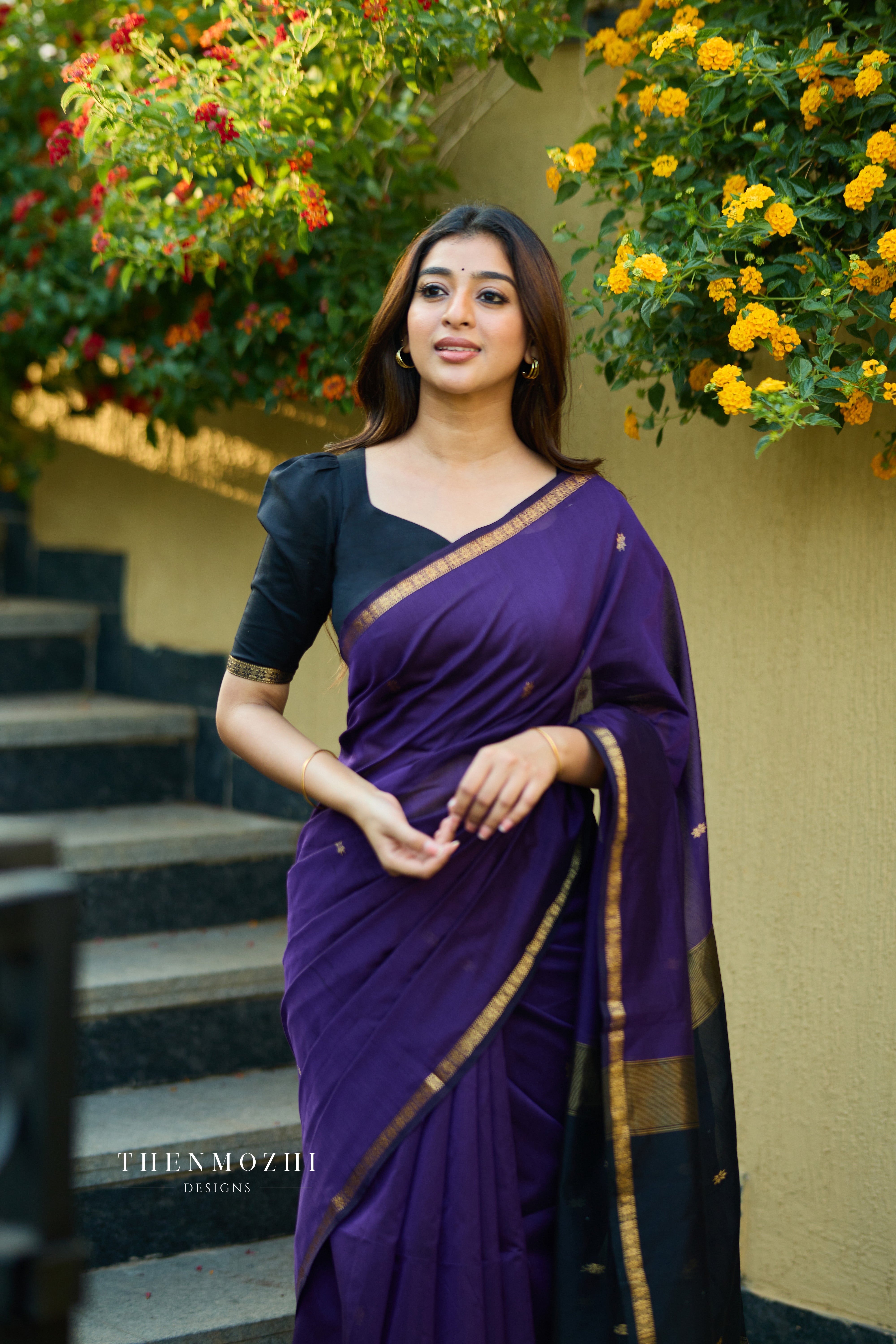 Ethnic Dark Purple Maheshwari Silk Cotton Handloom Saree