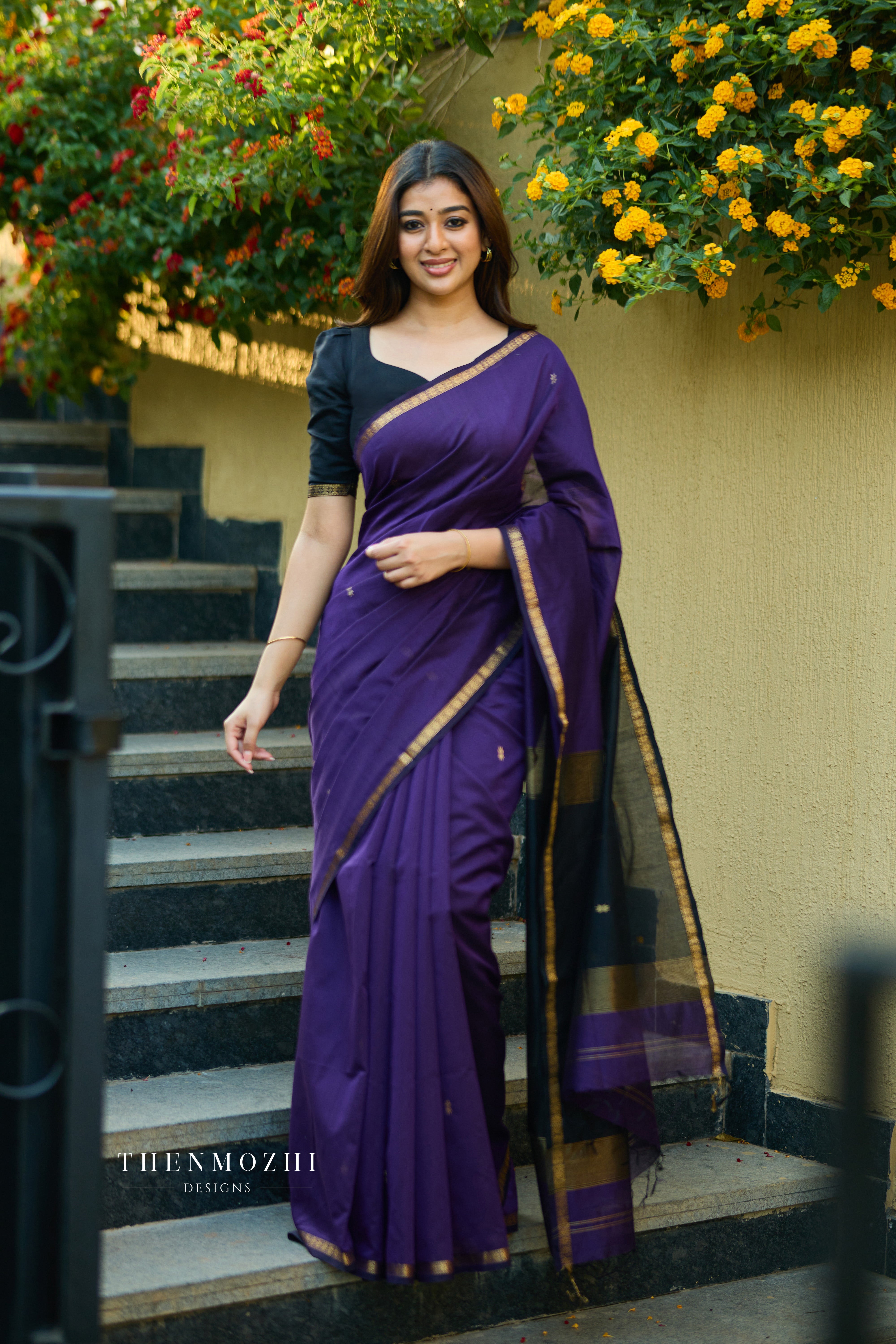 Ethnic Dark Purple Maheshwari Silk Cotton Handloom Saree
