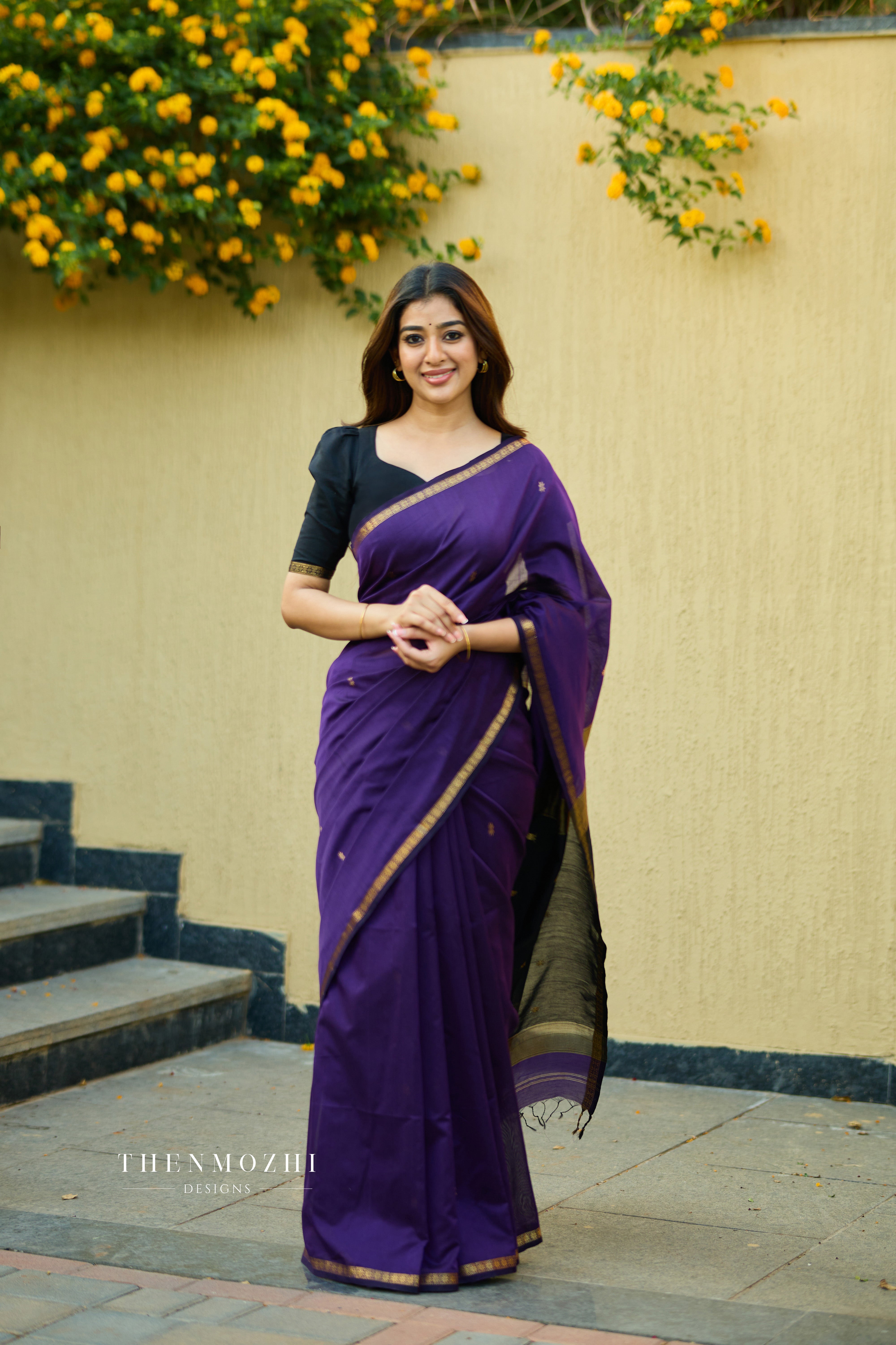 Ethnic Dark Purple Maheshwari Silk Cotton Handloom Saree