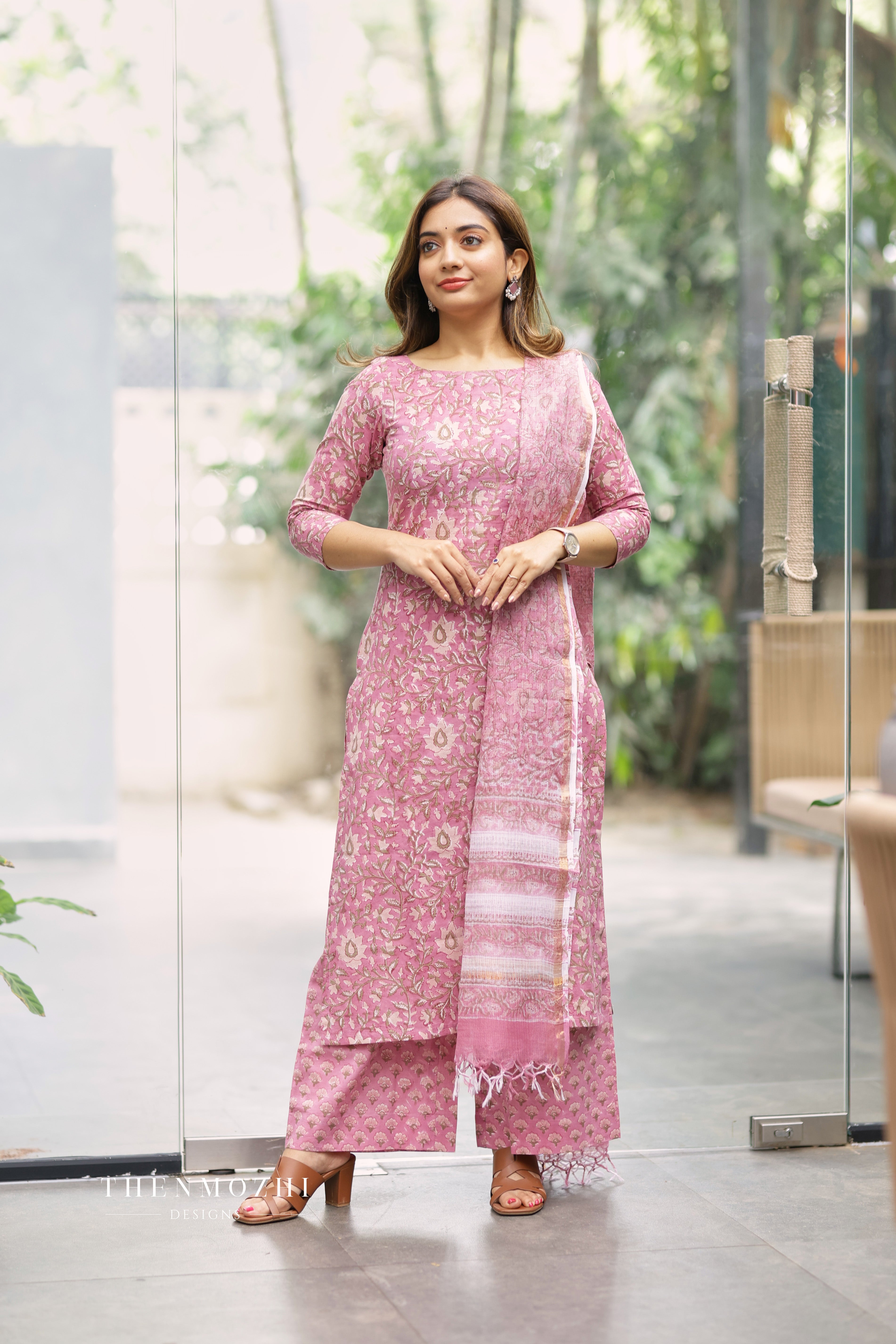 Light Pink - Cotton Suit Set with Kota Dupatta