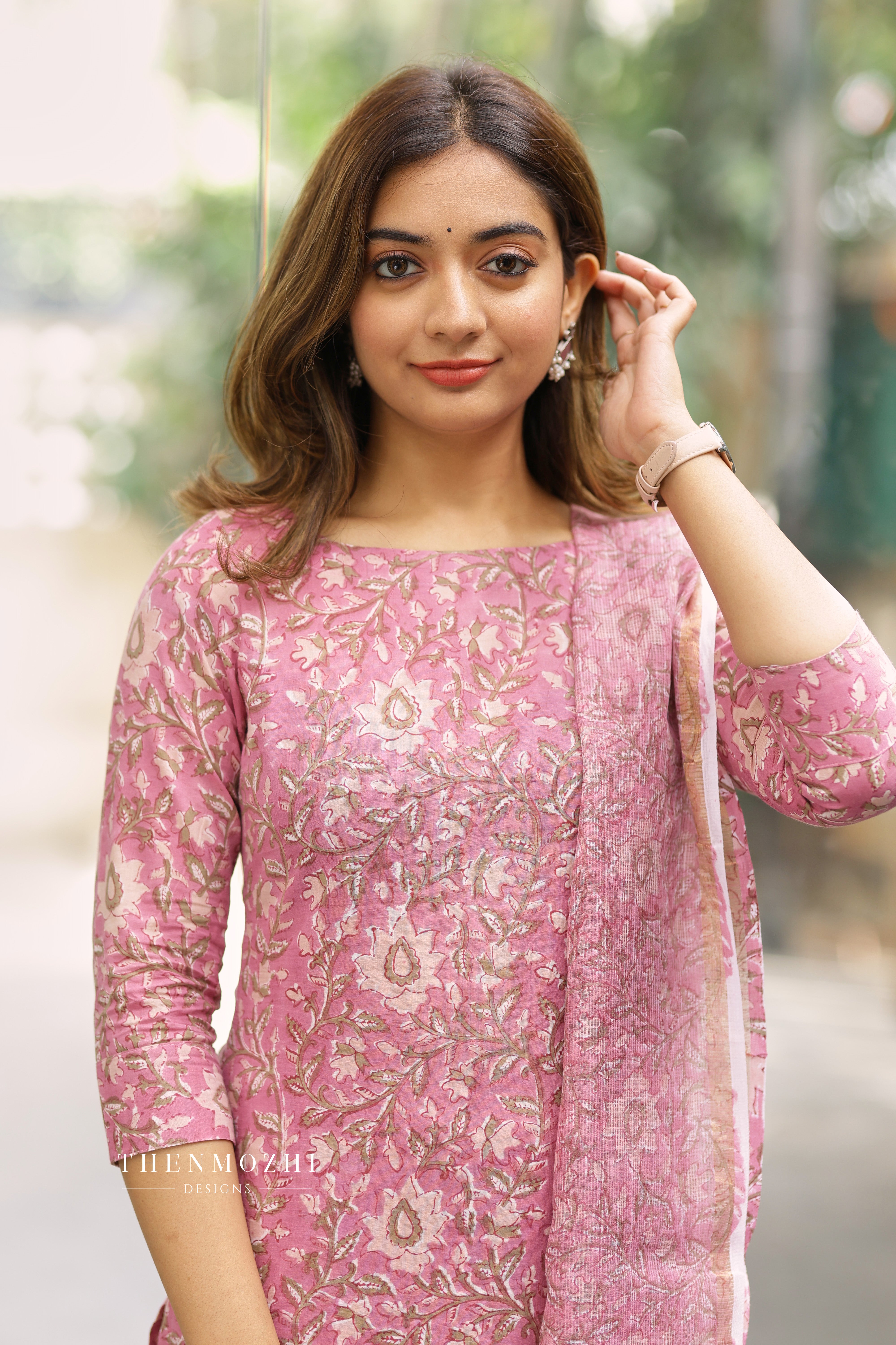 Light Pink - Cotton Suit Set with Kota Dupatta