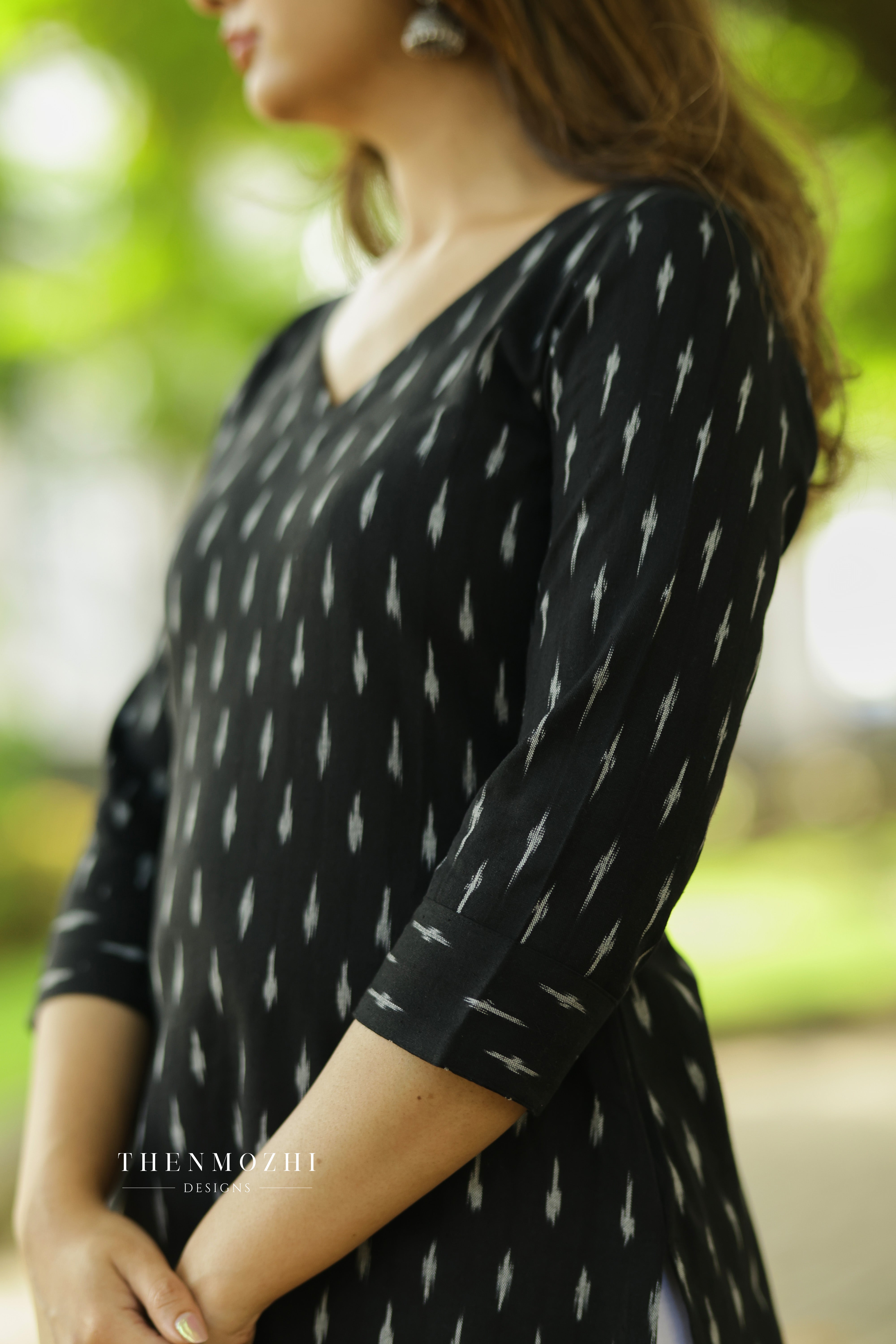 Black Ikkat Cotton Kurta with Sleeve