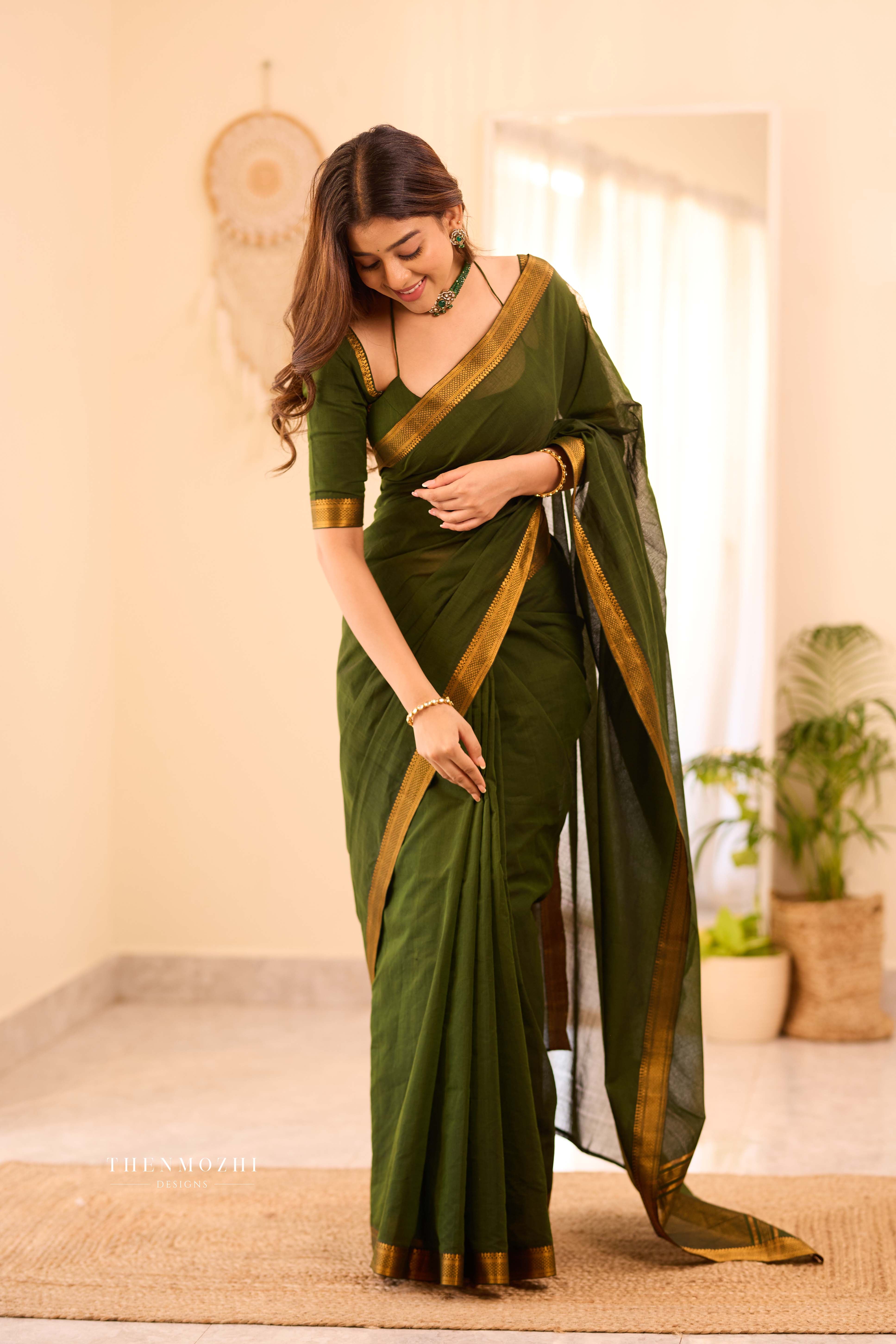 Mehandi Green - Mangalagiri Cotton Saree with Nizam Border