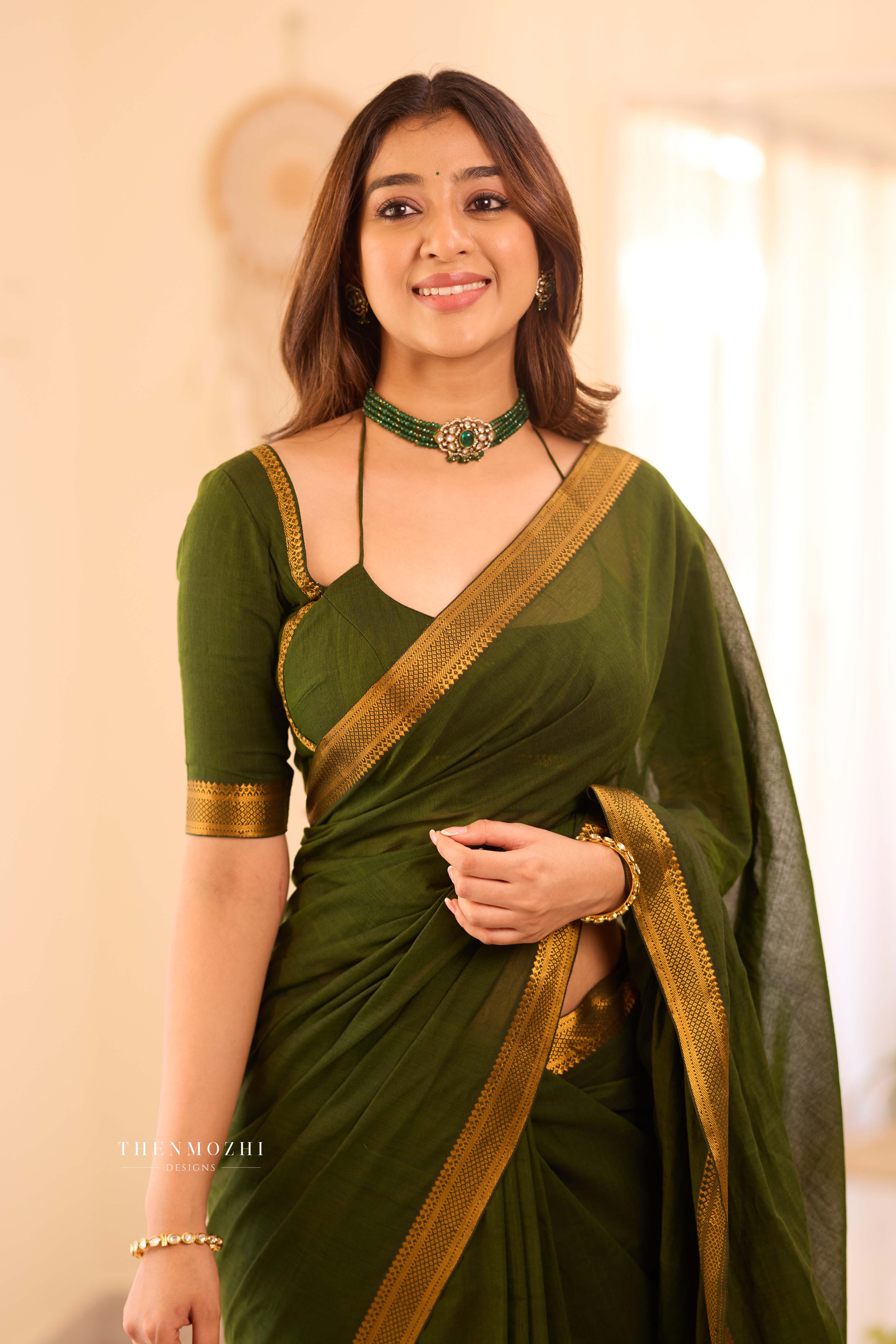 Mehandi Green - Mangalagiri Cotton Saree with Nizam Border