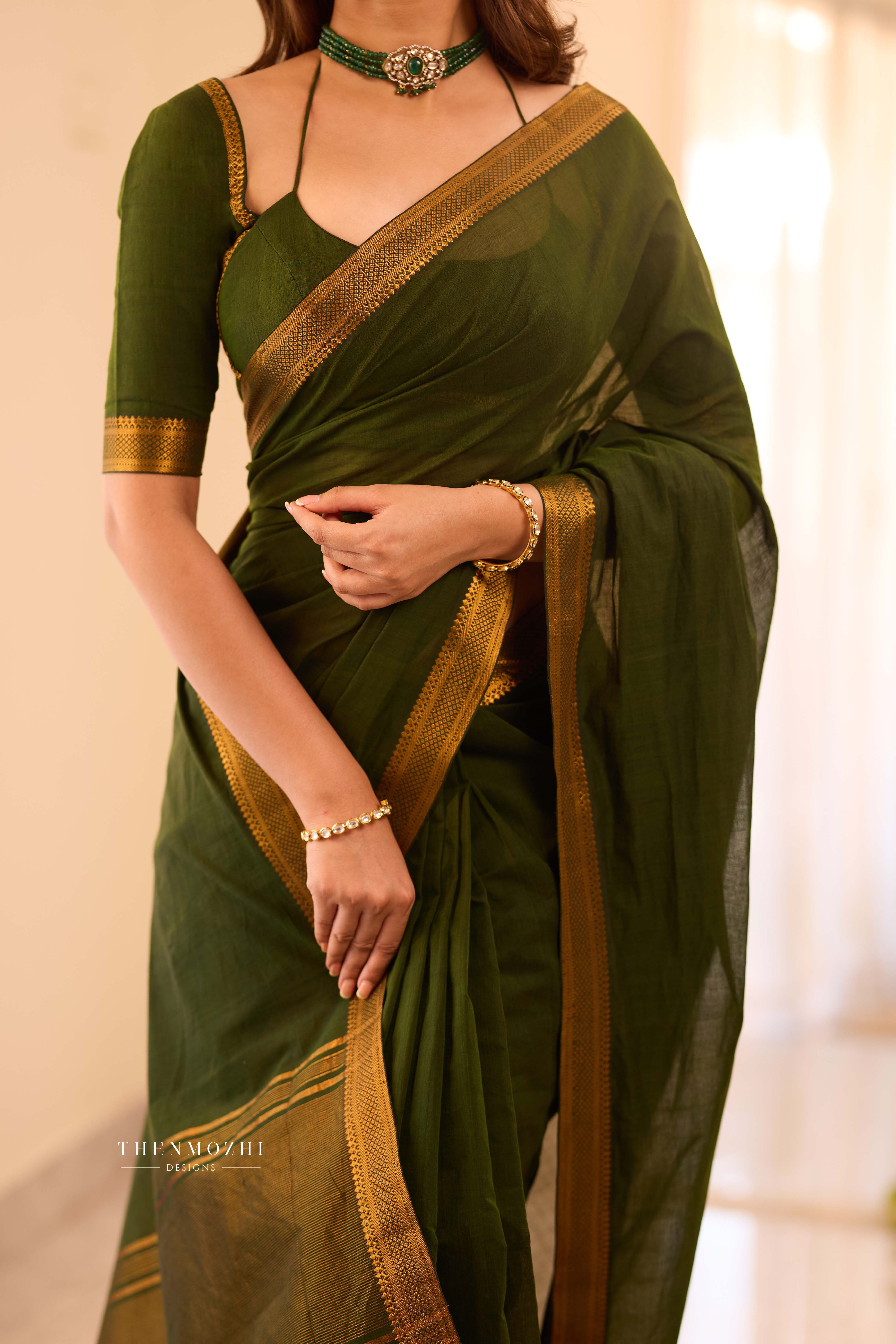 Mehandi Green - Mangalagiri Cotton Saree with Nizam Border