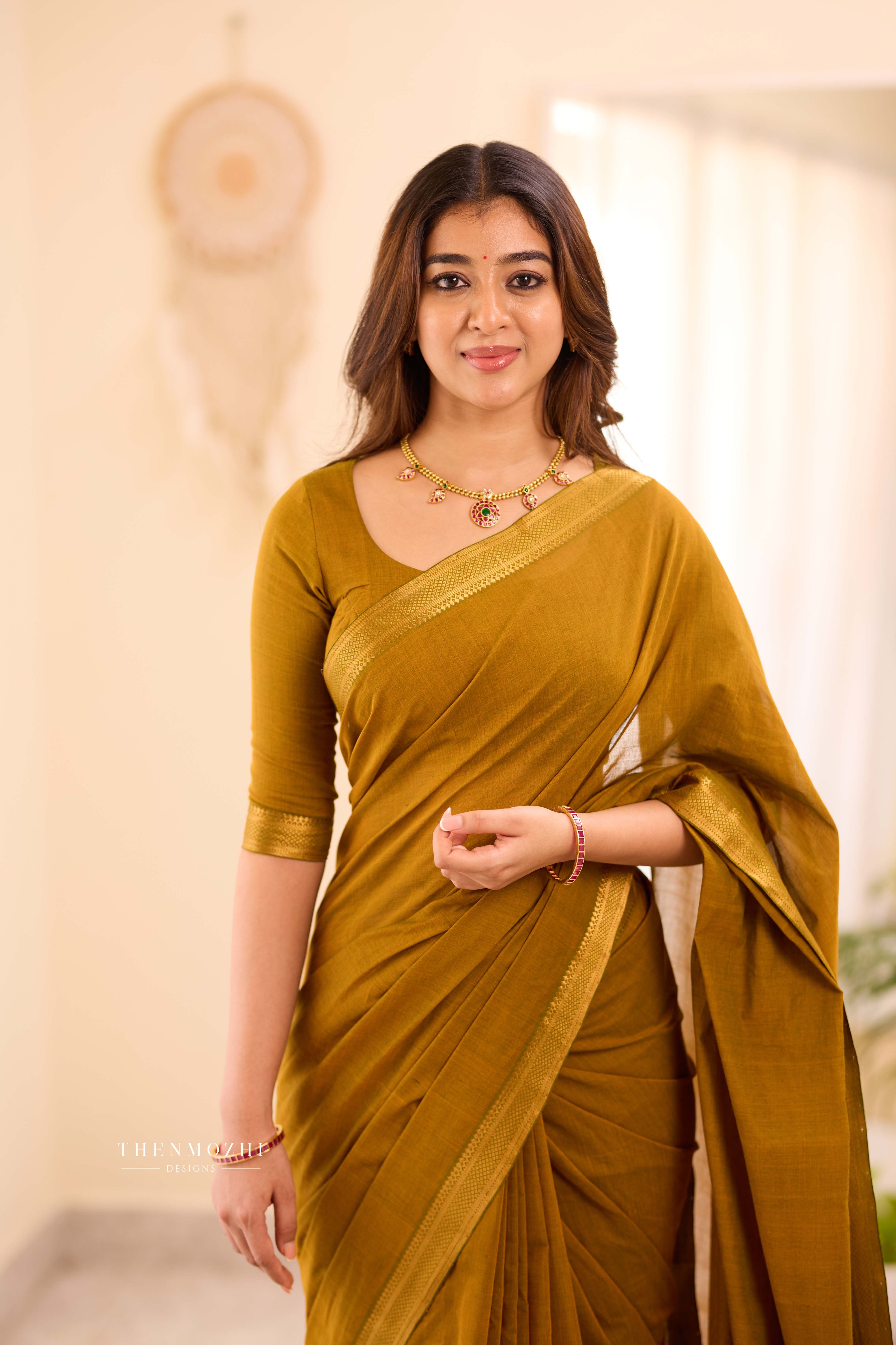 Olive Green - Mangalagiri Cotton Saree with Nizam Border