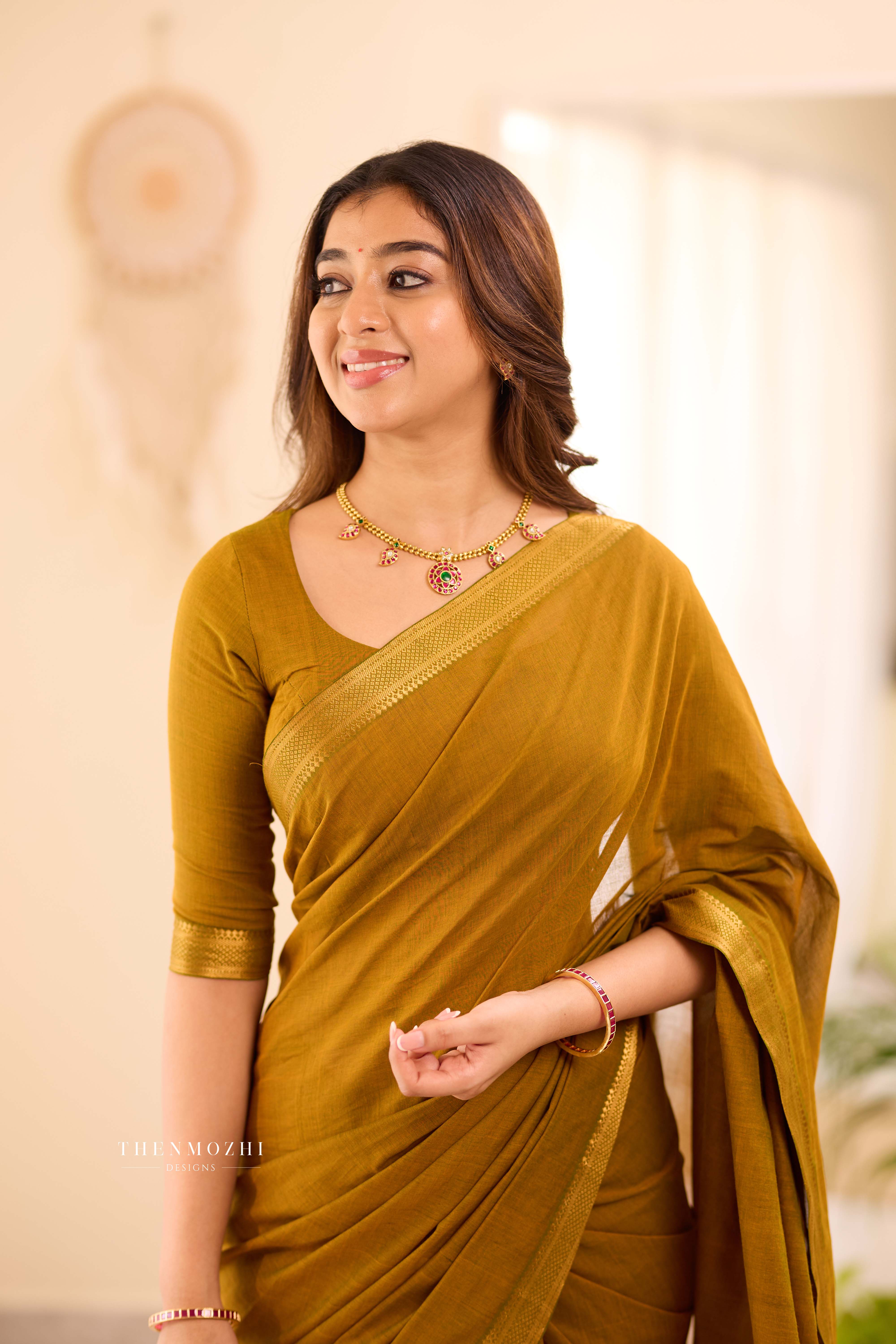 Olive Green - Mangalagiri Cotton Saree with Nizam Border