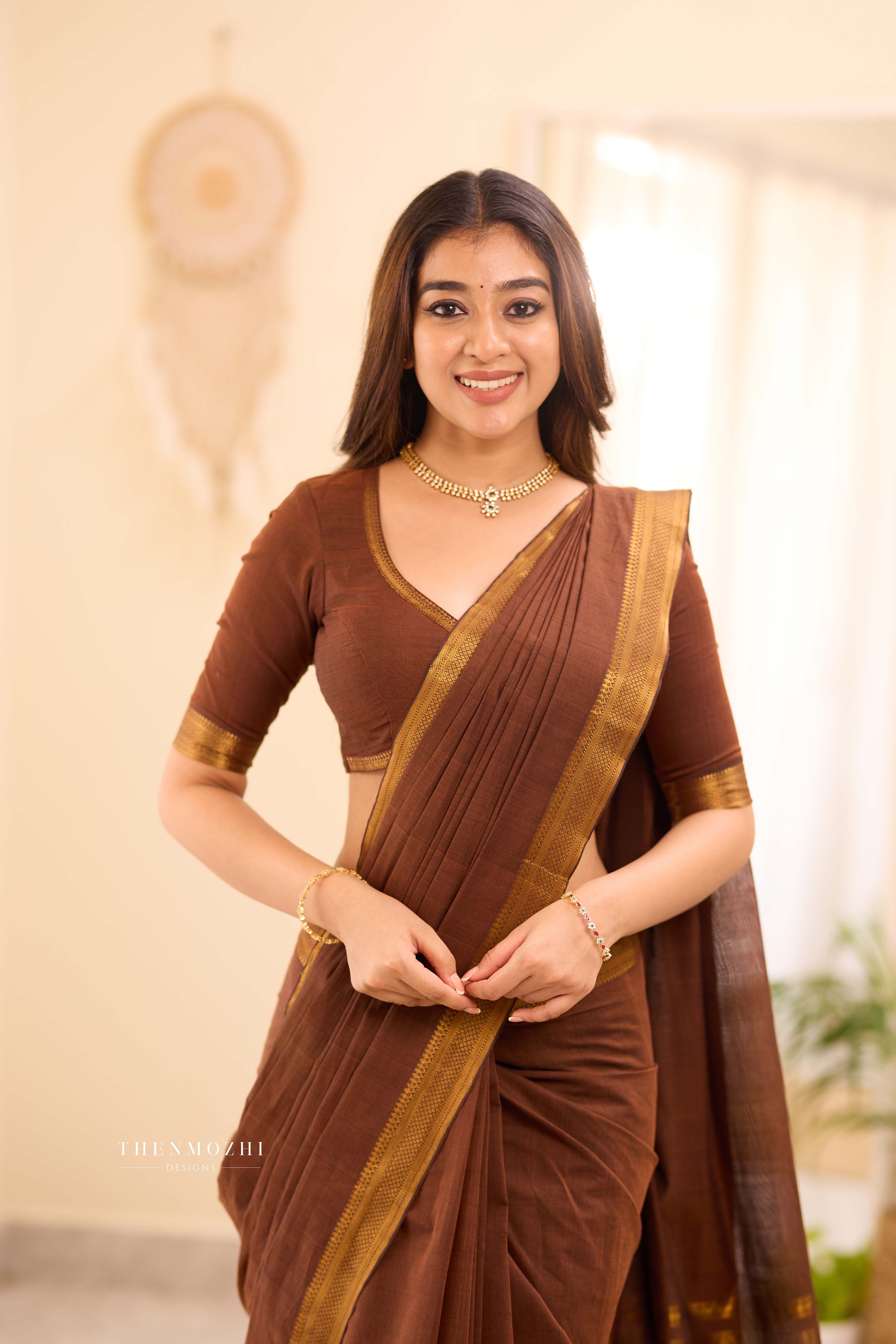 Brown - Mangalagiri Cotton Saree with Nizam Border