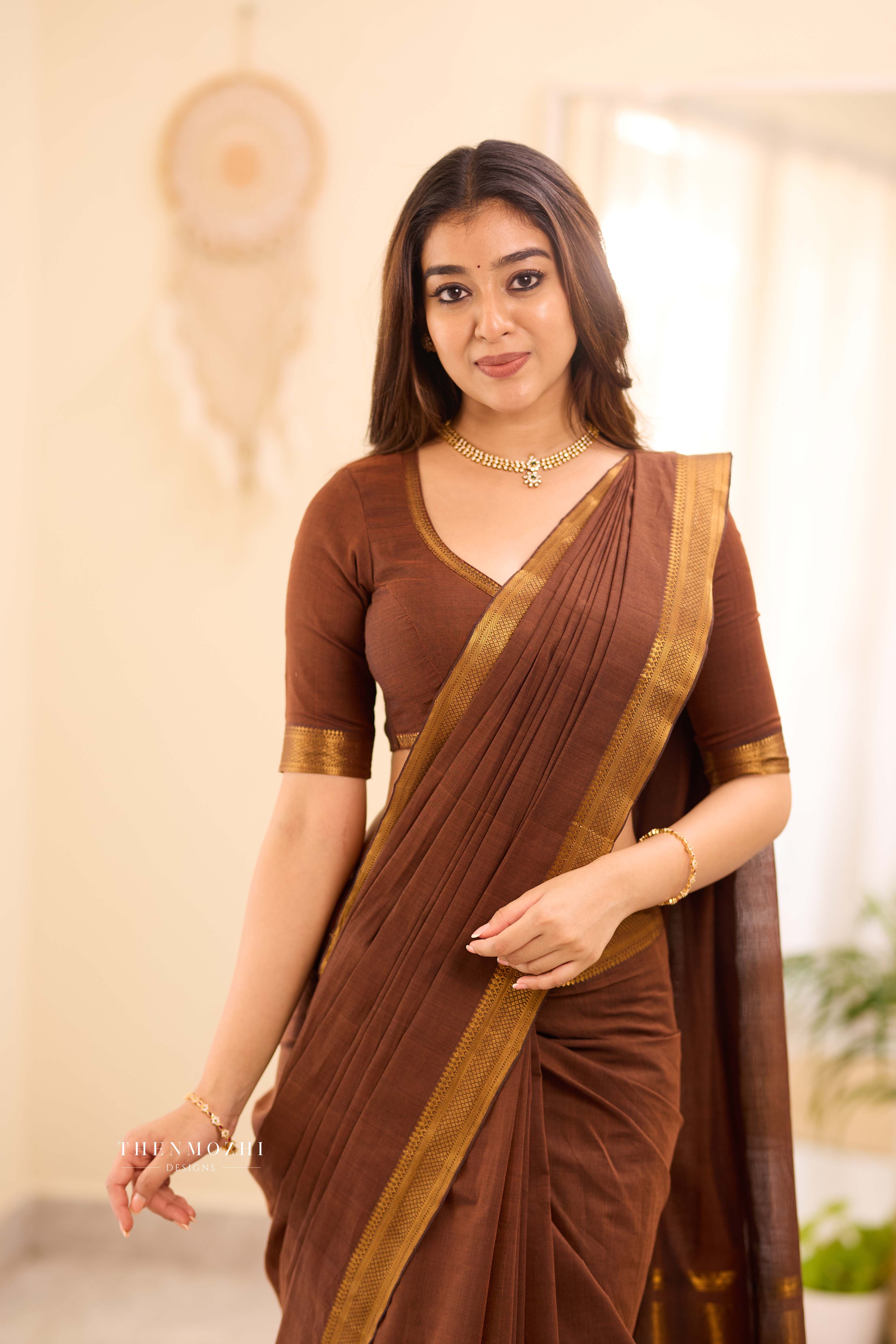 Brown - Mangalagiri Cotton Saree with Nizam Border