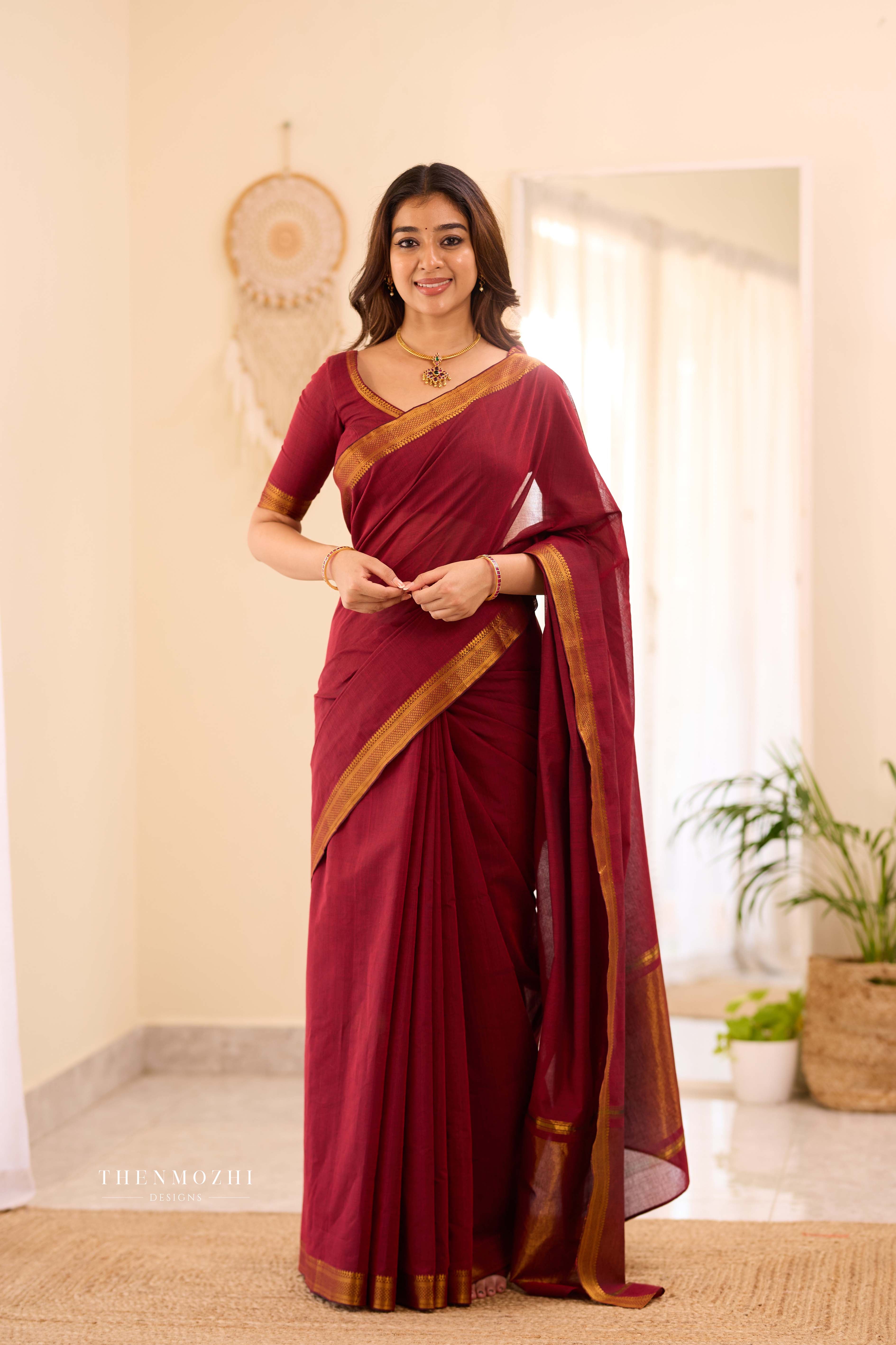 Red - Mangalagiri Cotton Saree with Nizam Border