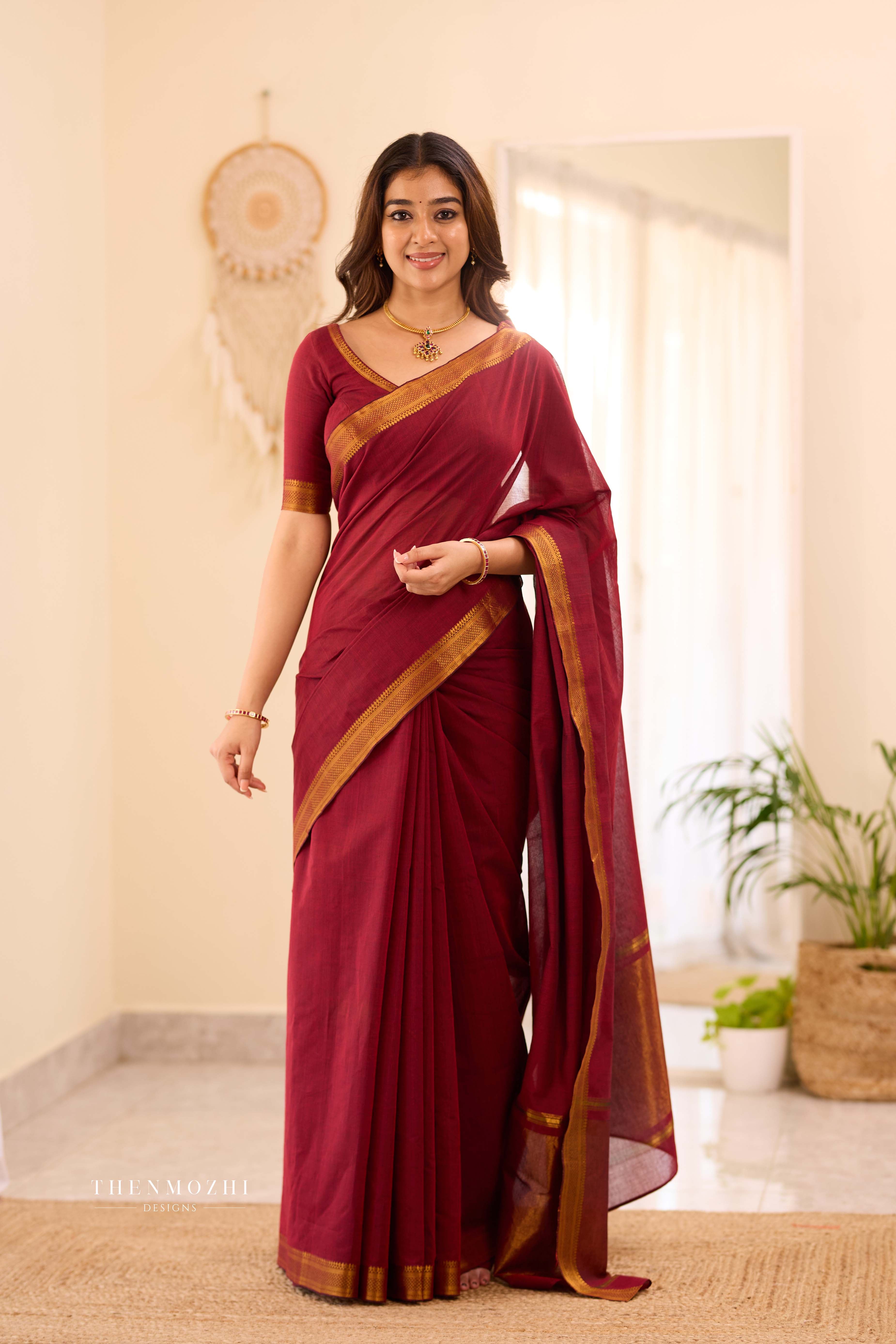 Red - Mangalagiri Cotton Saree with Nizam Border