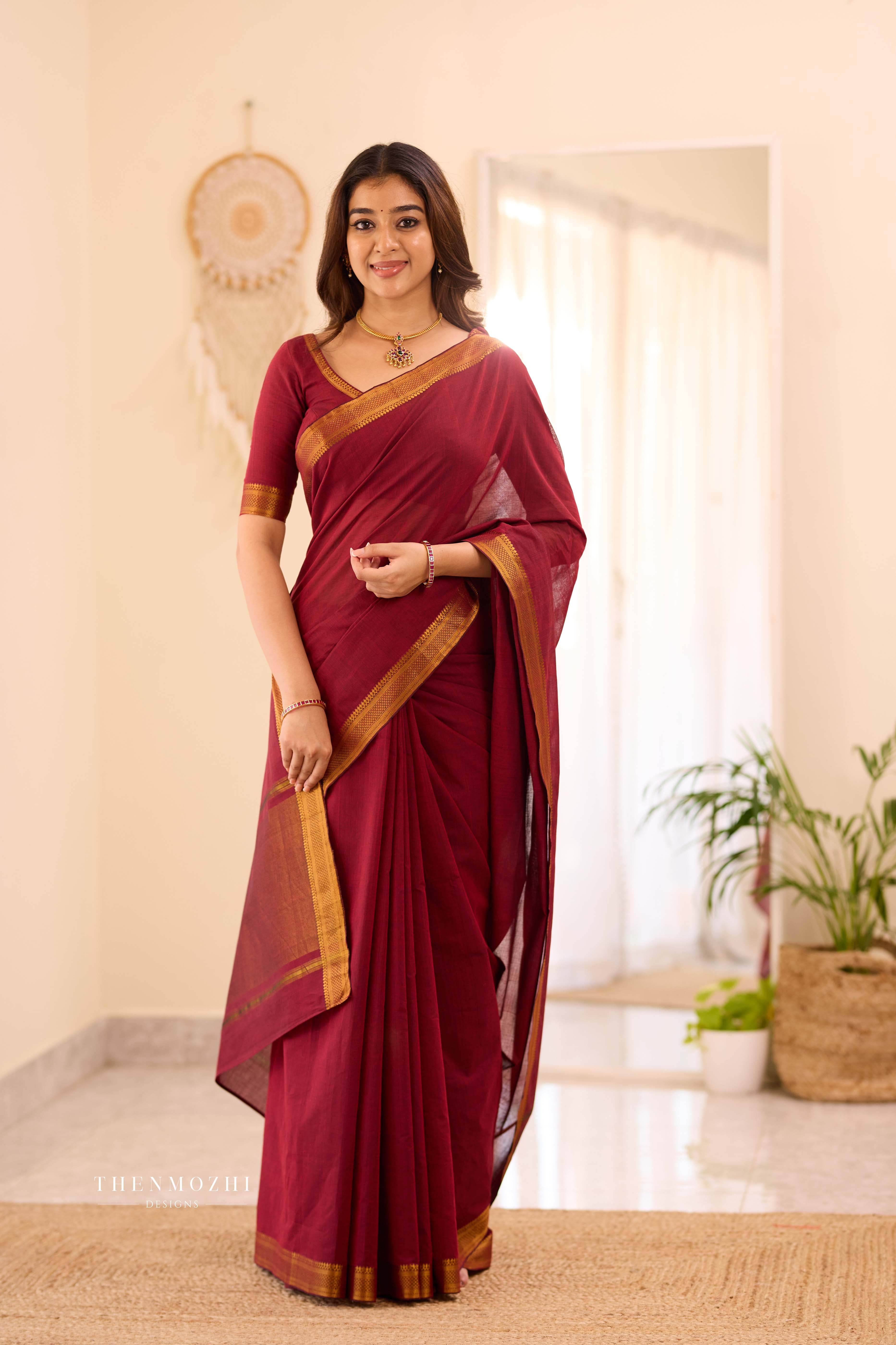 Red - Mangalagiri Cotton Saree with Nizam Border