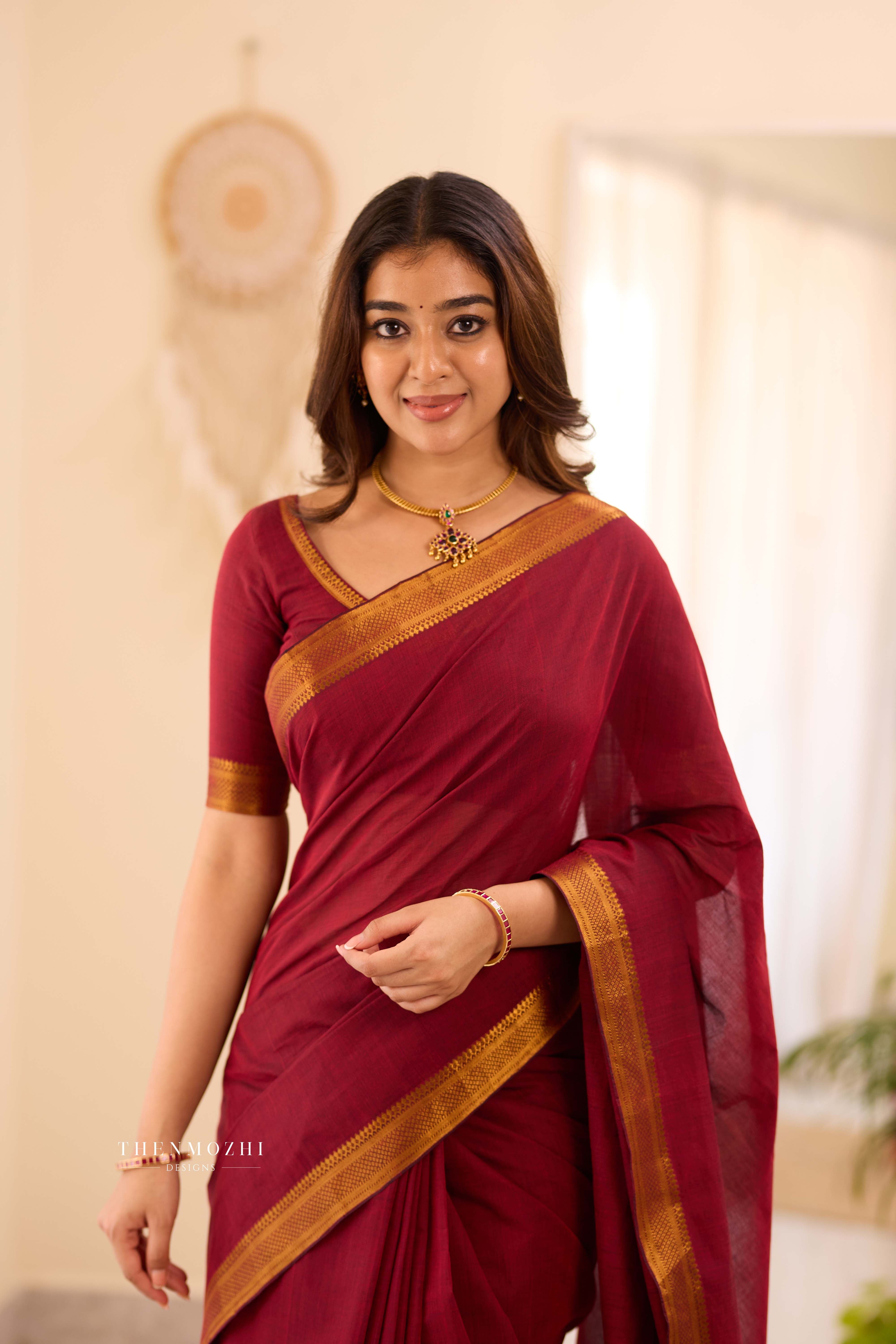 Red - Mangalagiri Cotton Saree with Nizam Border