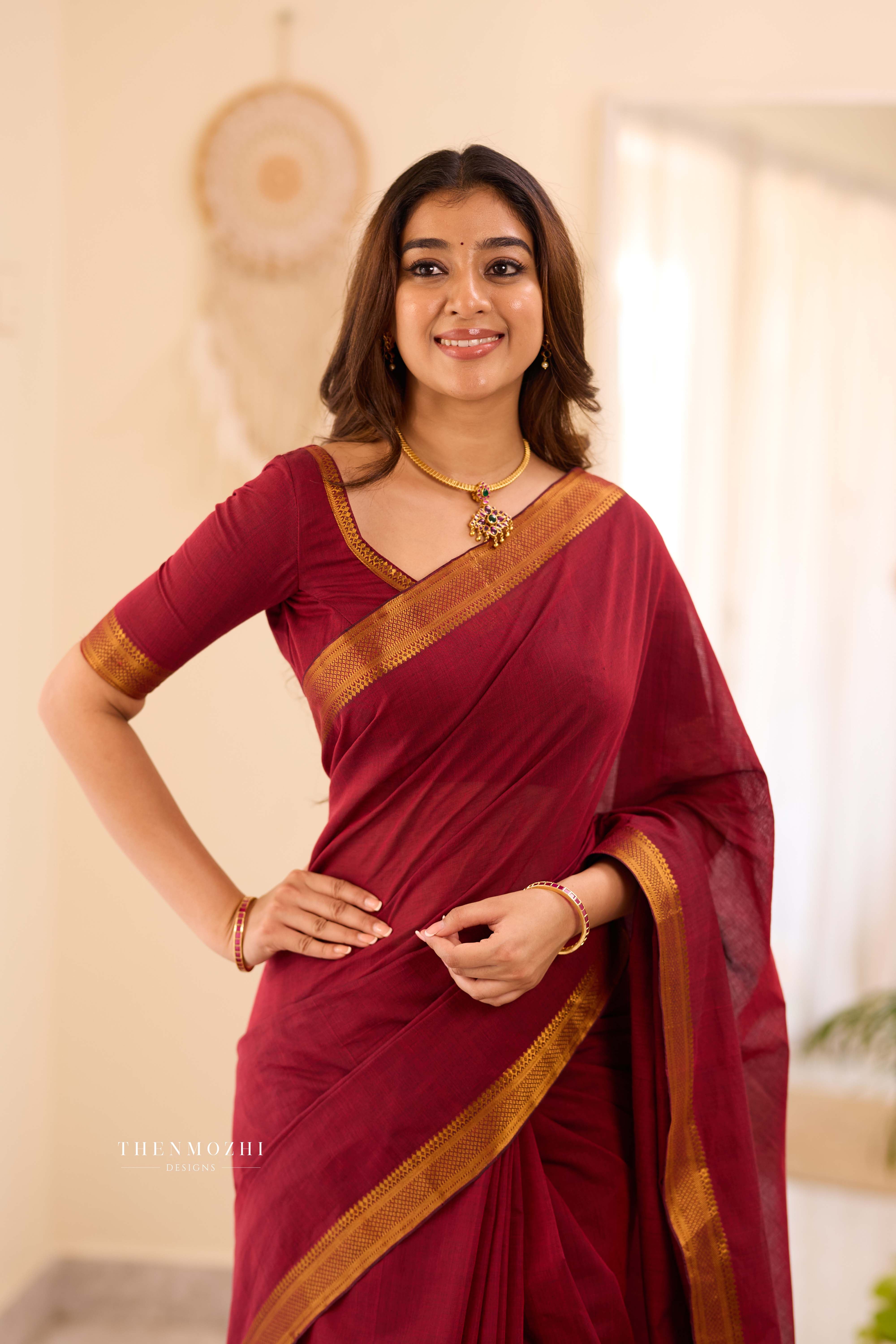 Red - Mangalagiri Cotton Saree with Nizam Border