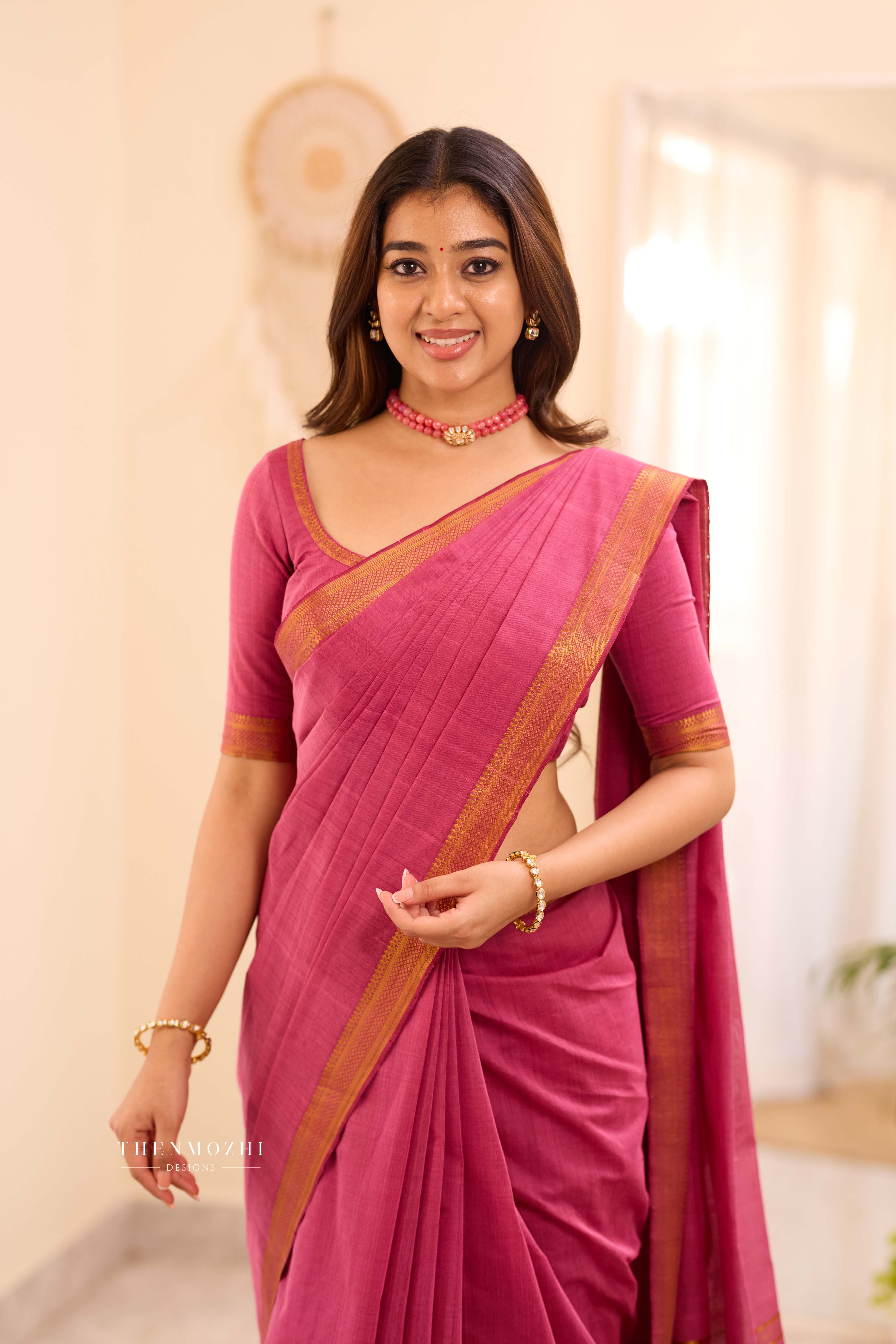 Pink - Mangalagiri Cotton Saree with Nizam Border