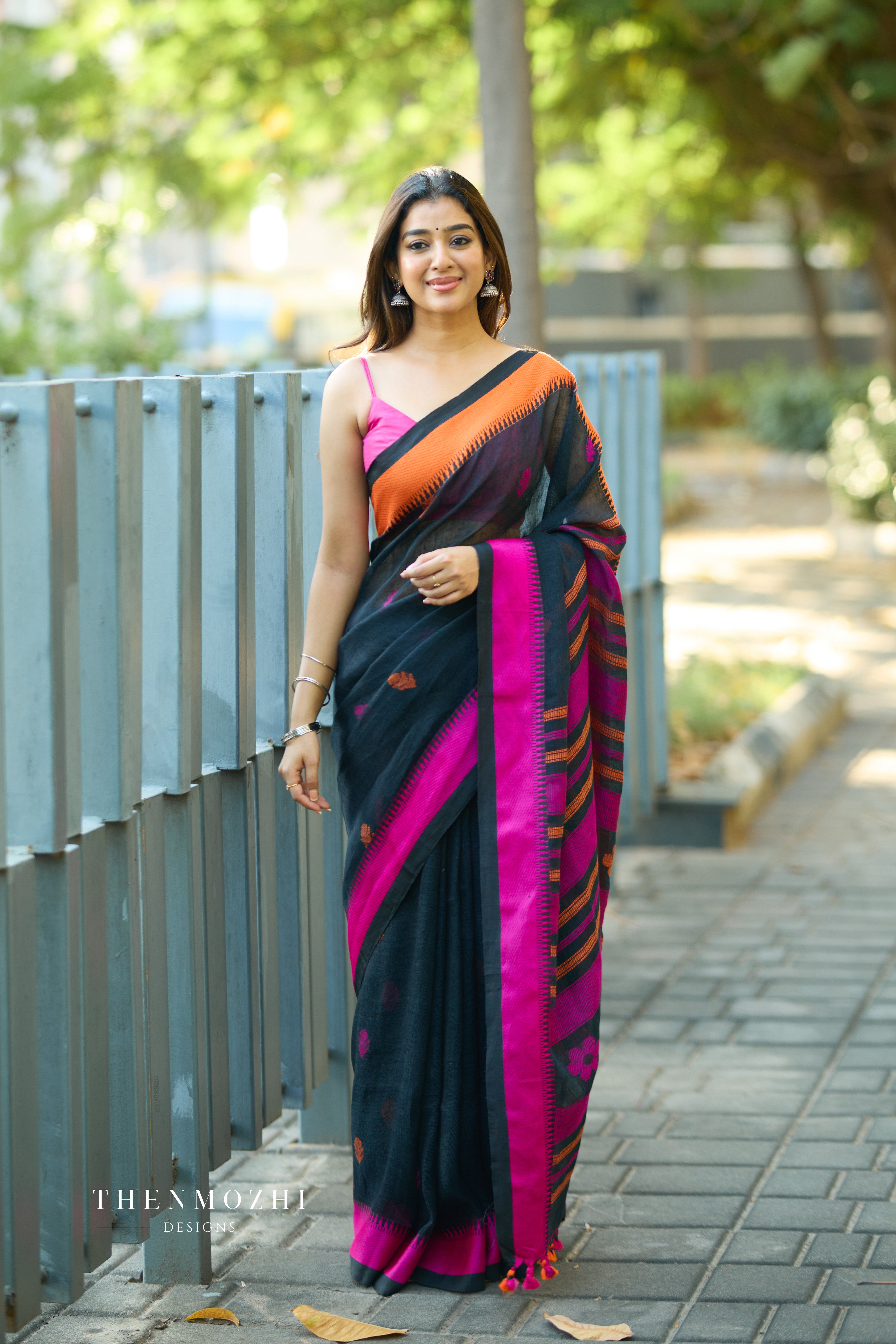 Black Linen Saree (Orange & Pink borders)