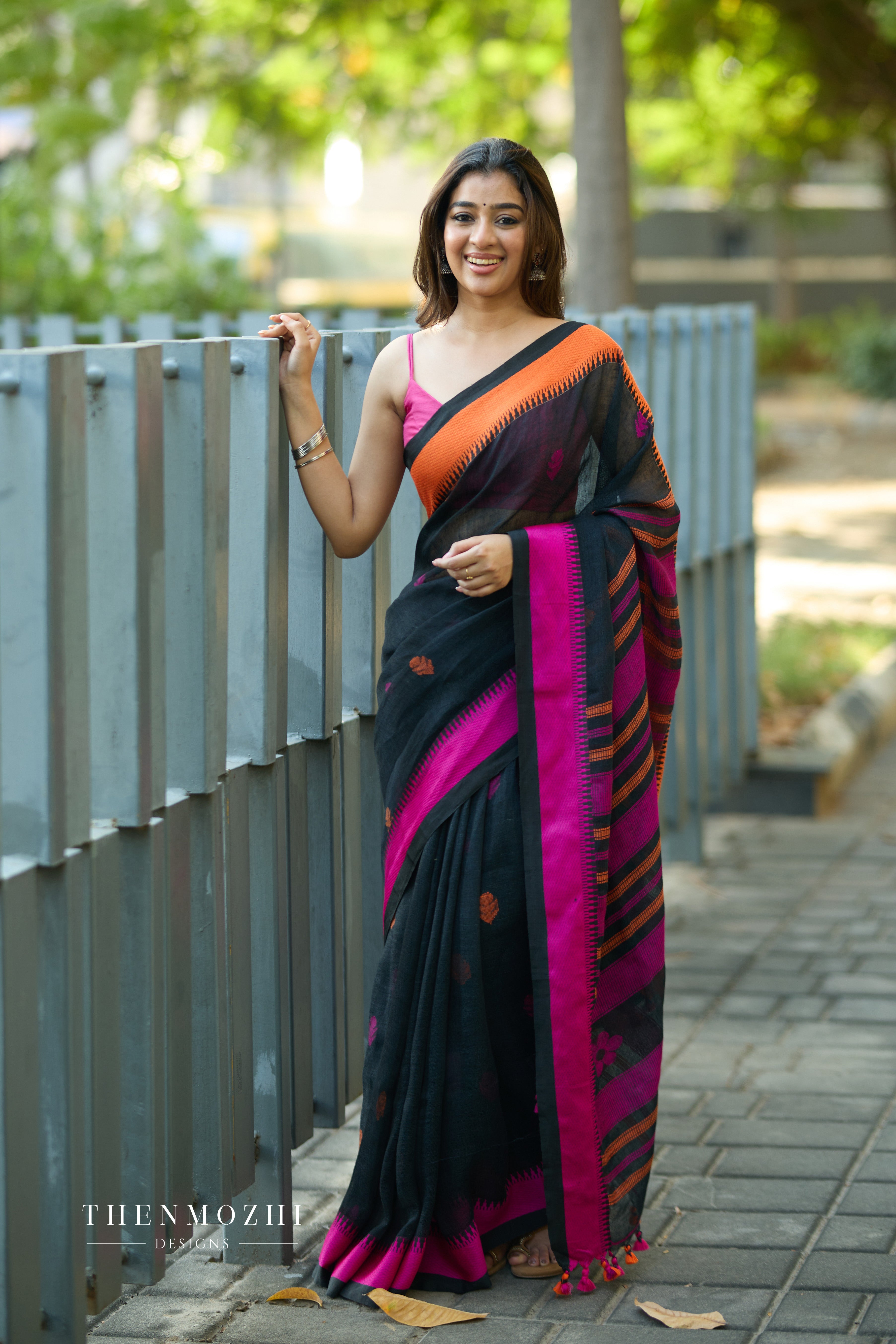 Black Linen Saree (Orange & Pink borders)