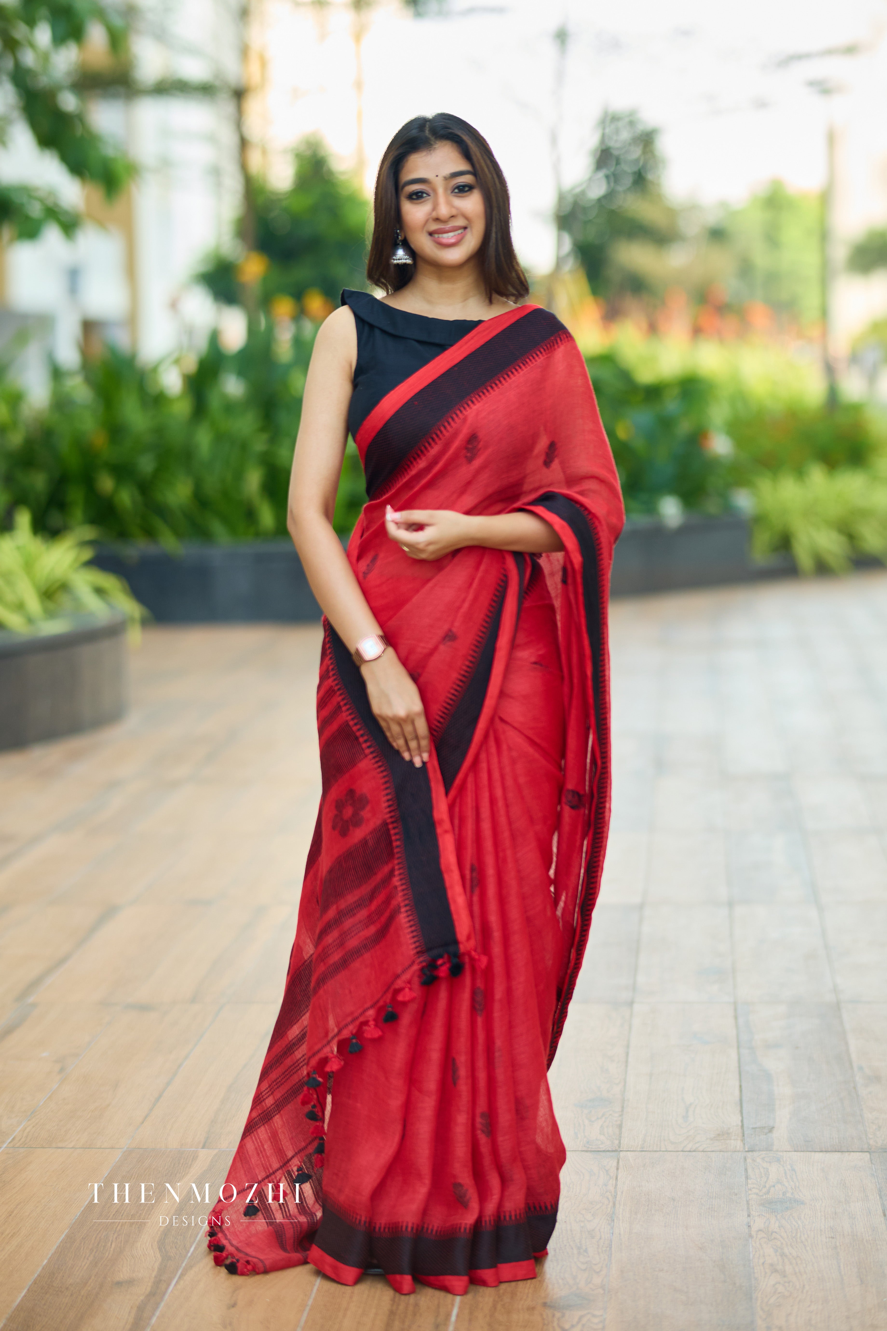 Red Linen Saree