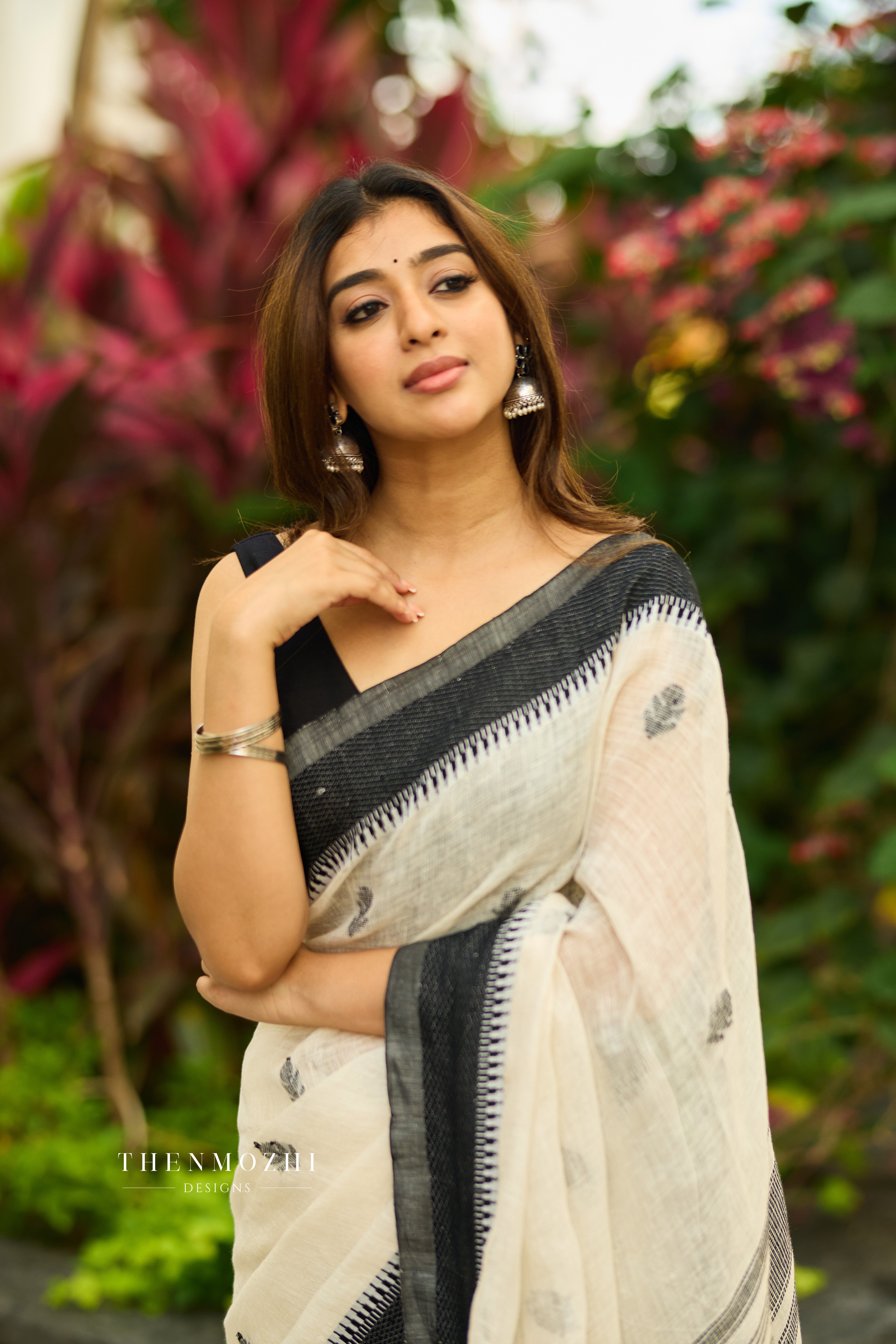 White and Black Linen Saree