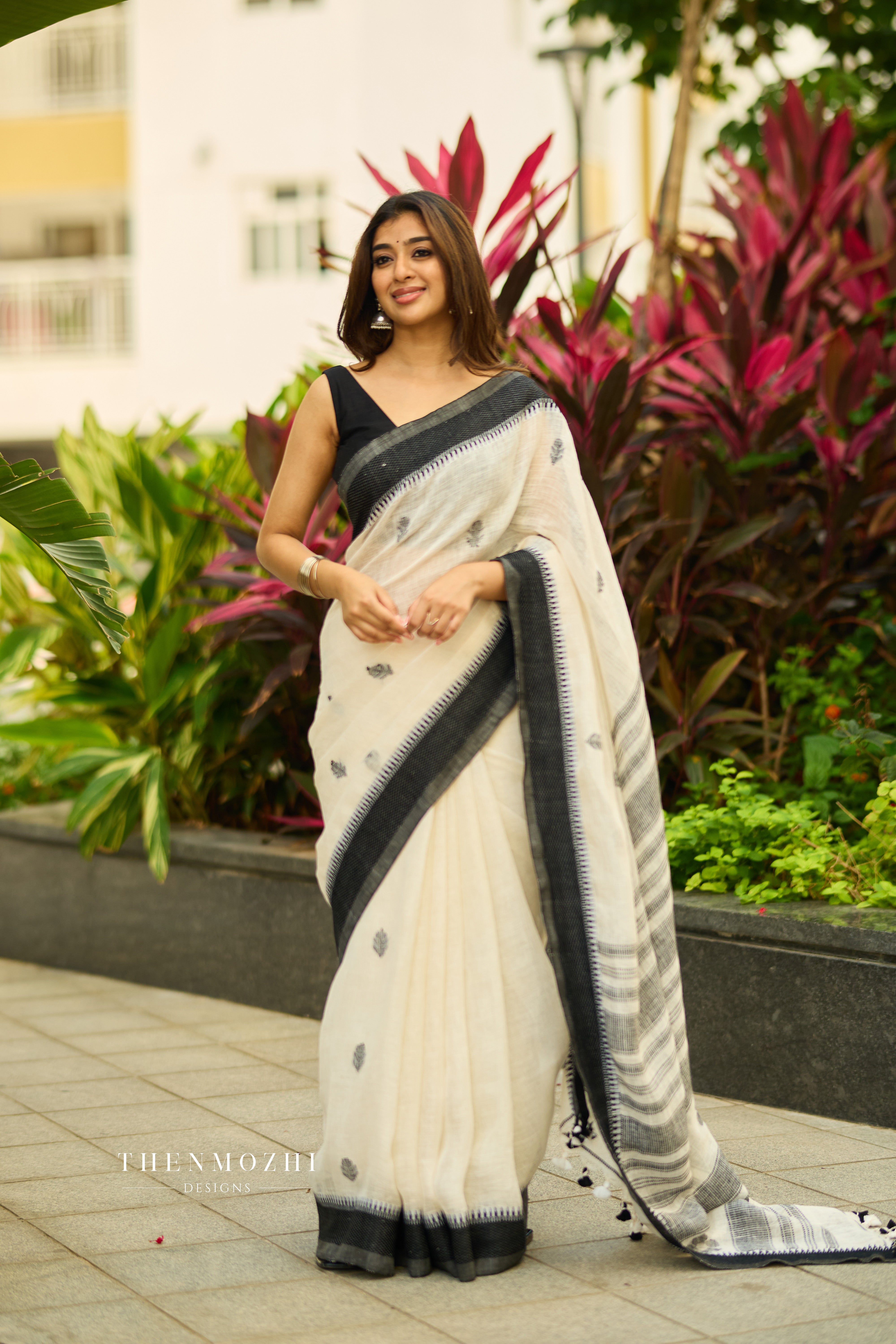 White and Black Linen Saree