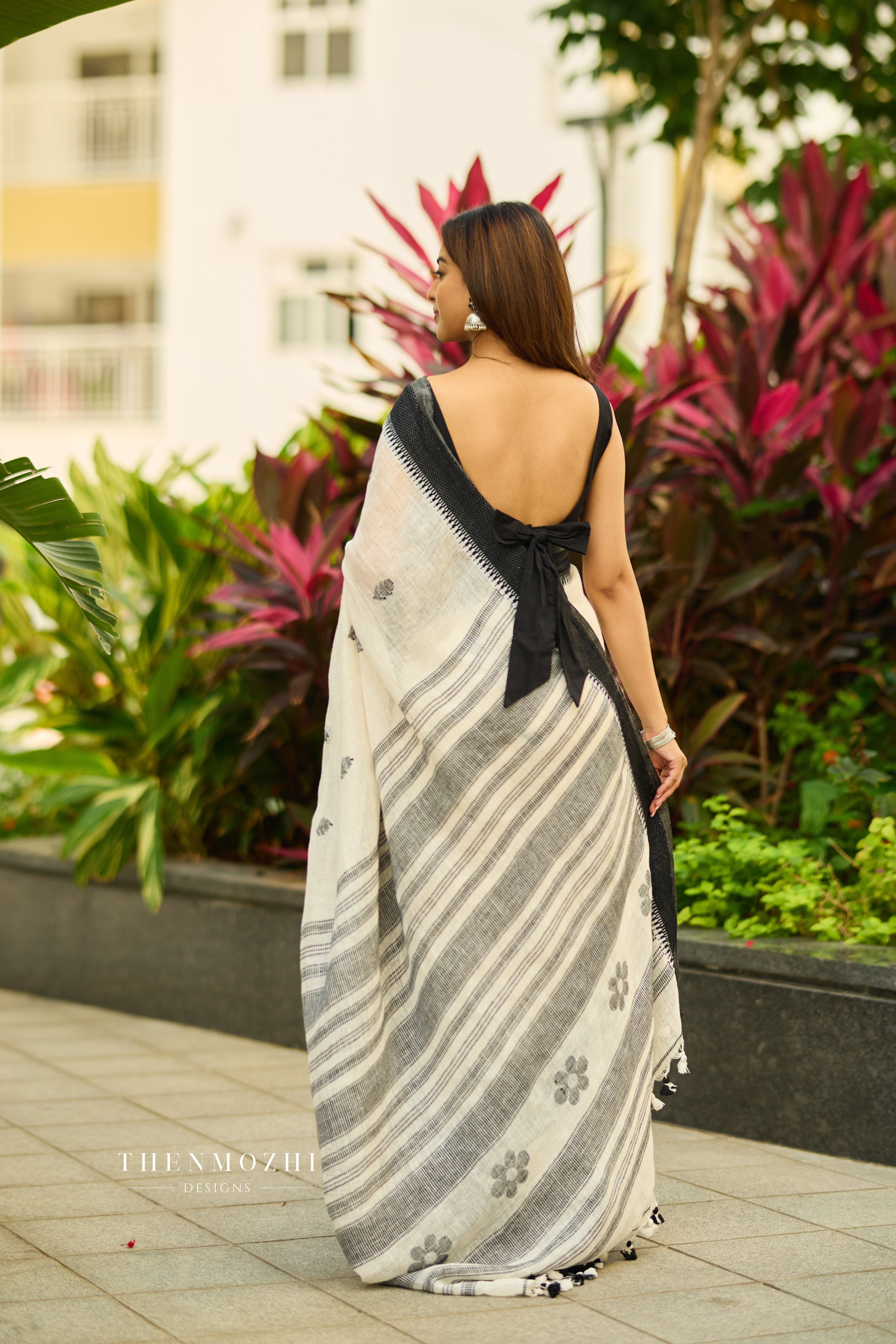 White and Black Linen Saree