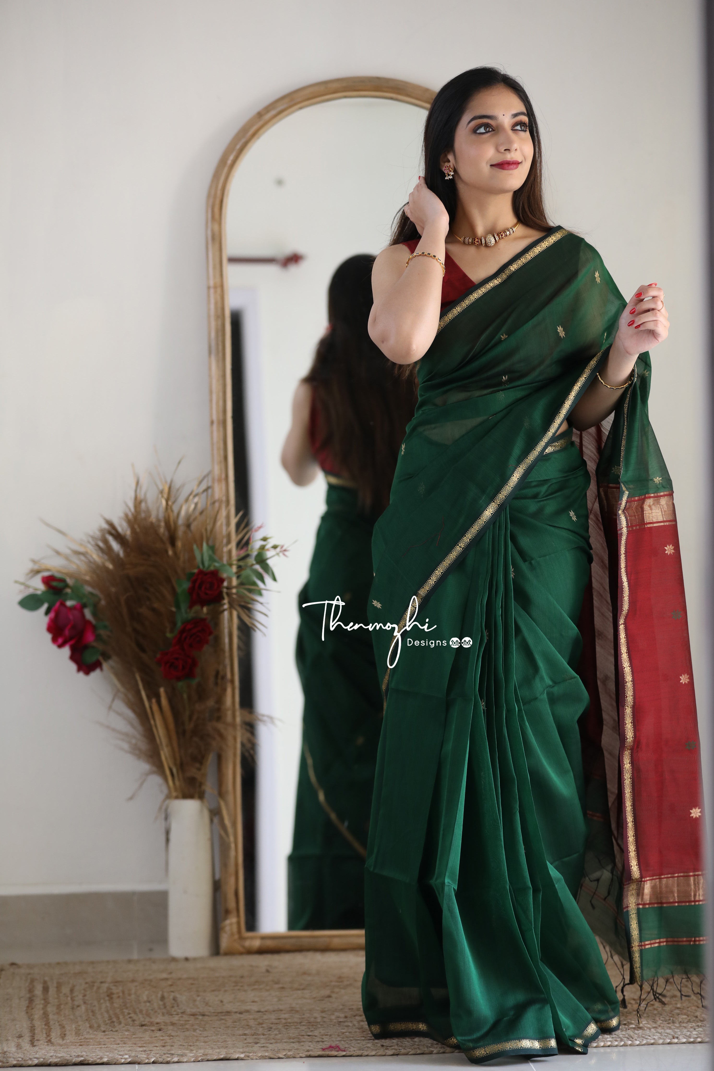 Ethnic Dark Green Maheshwari Silk Cotton Handloom Saree