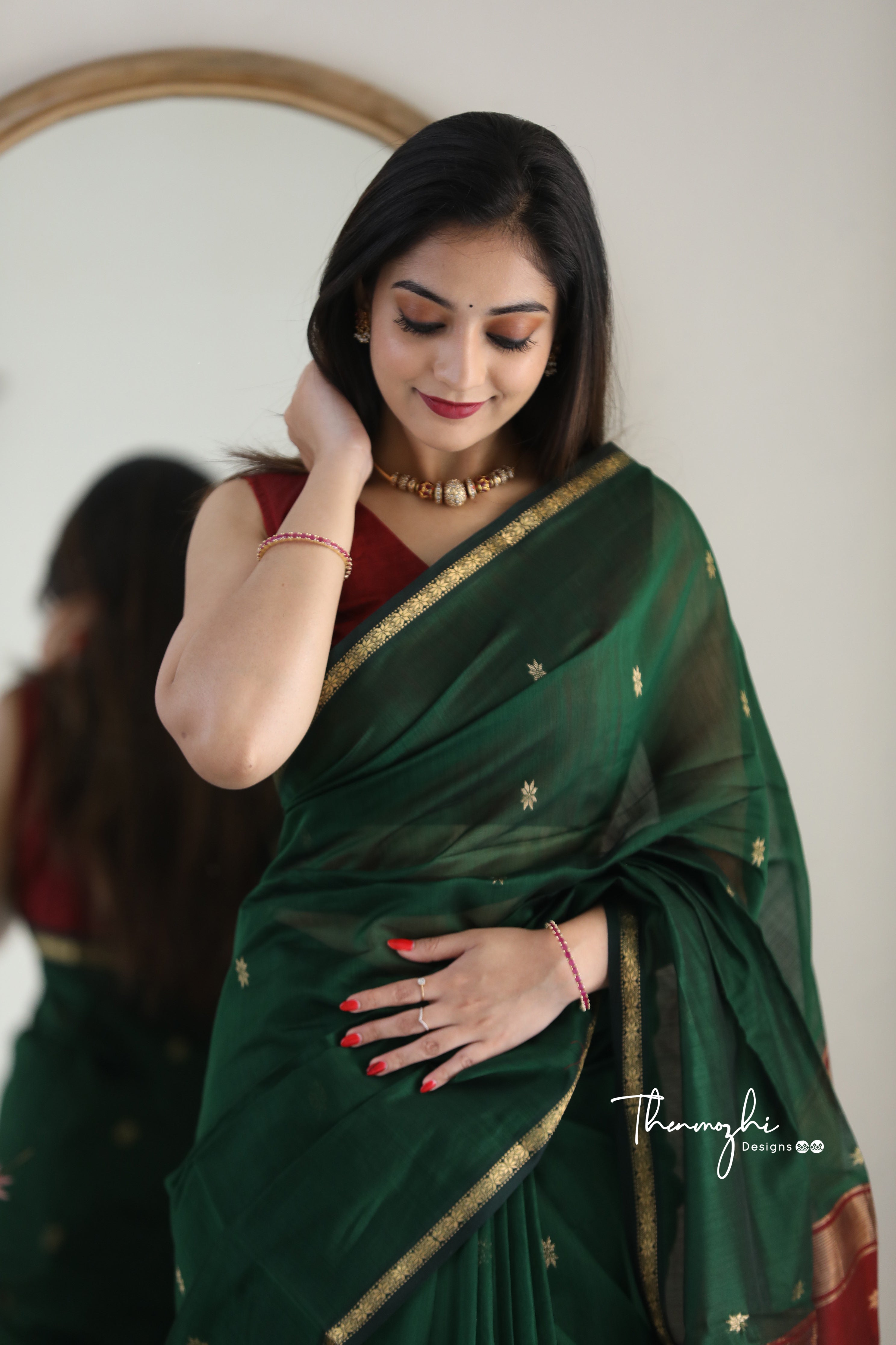 Ethnic Dark Green Maheshwari Silk Cotton Handloom Saree
