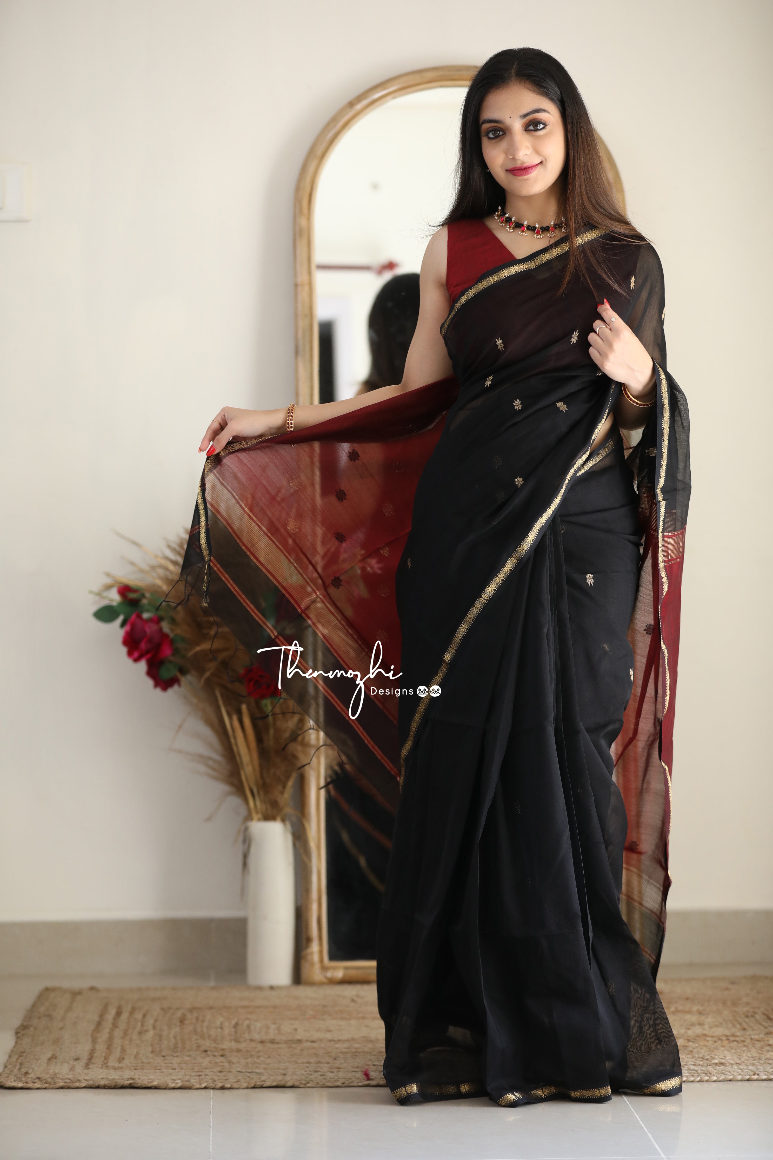 Ethnic Black Maheshwari Silk Cotton Handloom Saree