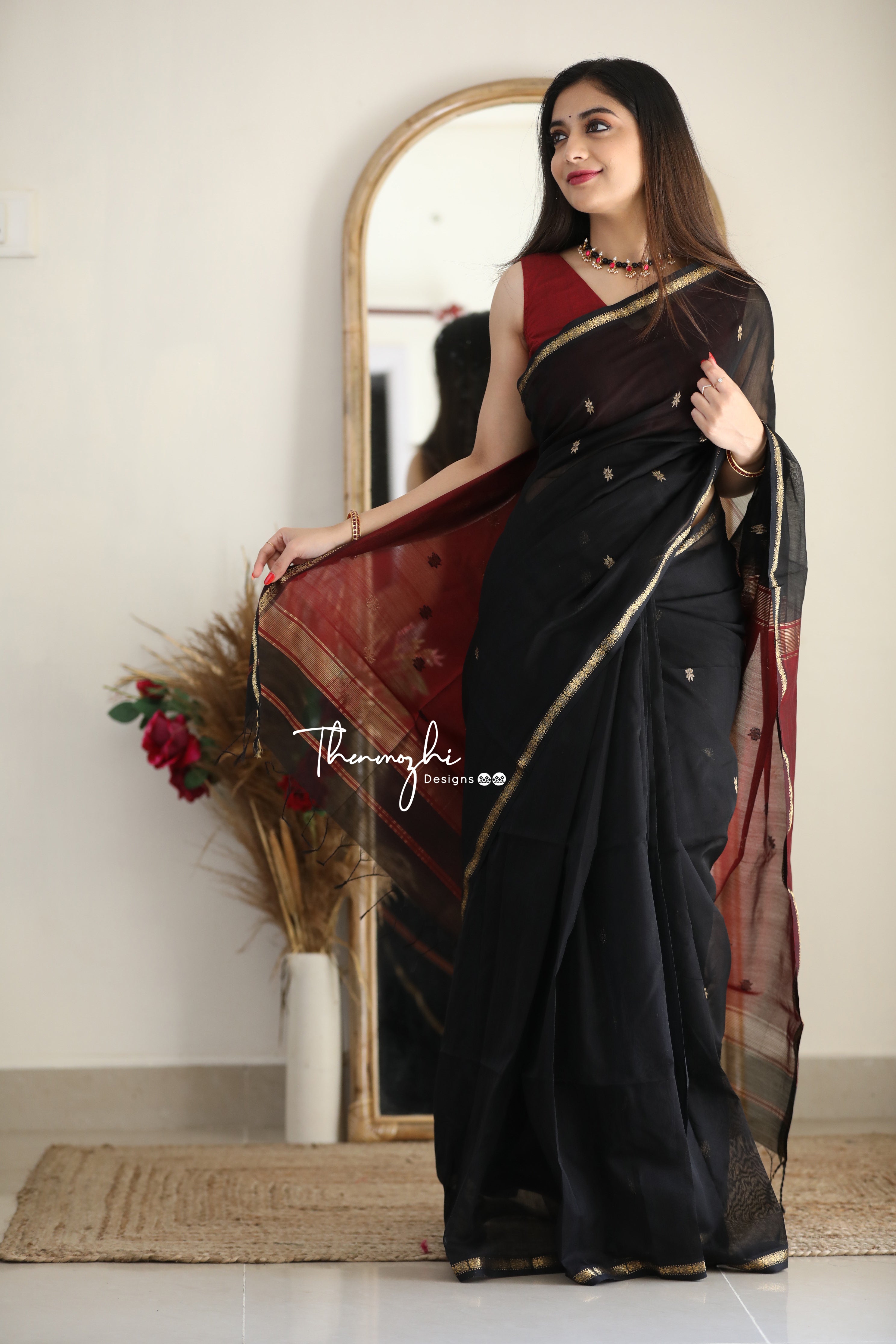 Ethnic Black Maheshwari Silk Cotton Handloom Saree