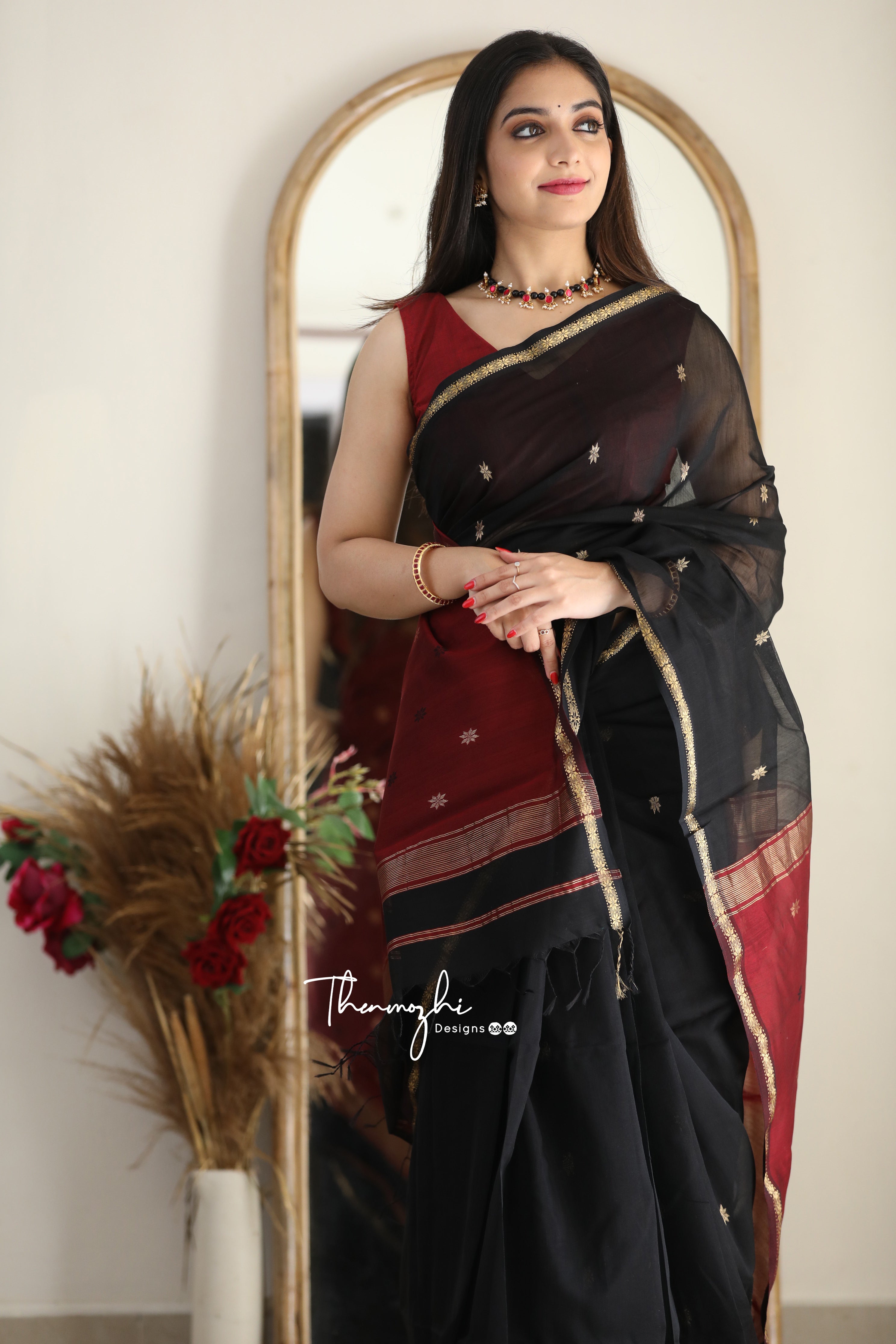 Ethnic Black Maheshwari Silk Cotton Handloom Saree