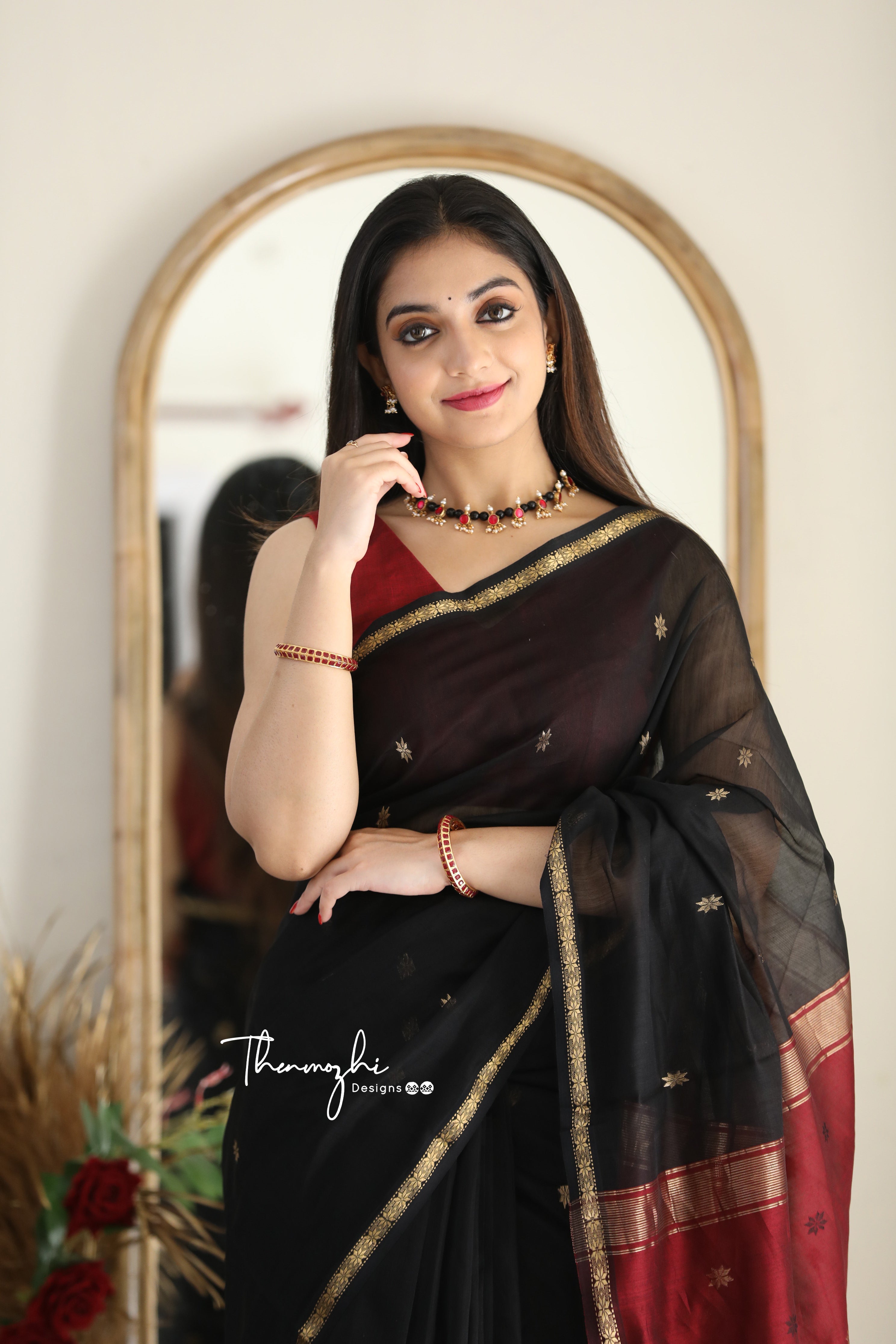 Ethnic Black Maheshwari Silk Cotton Handloom Saree
