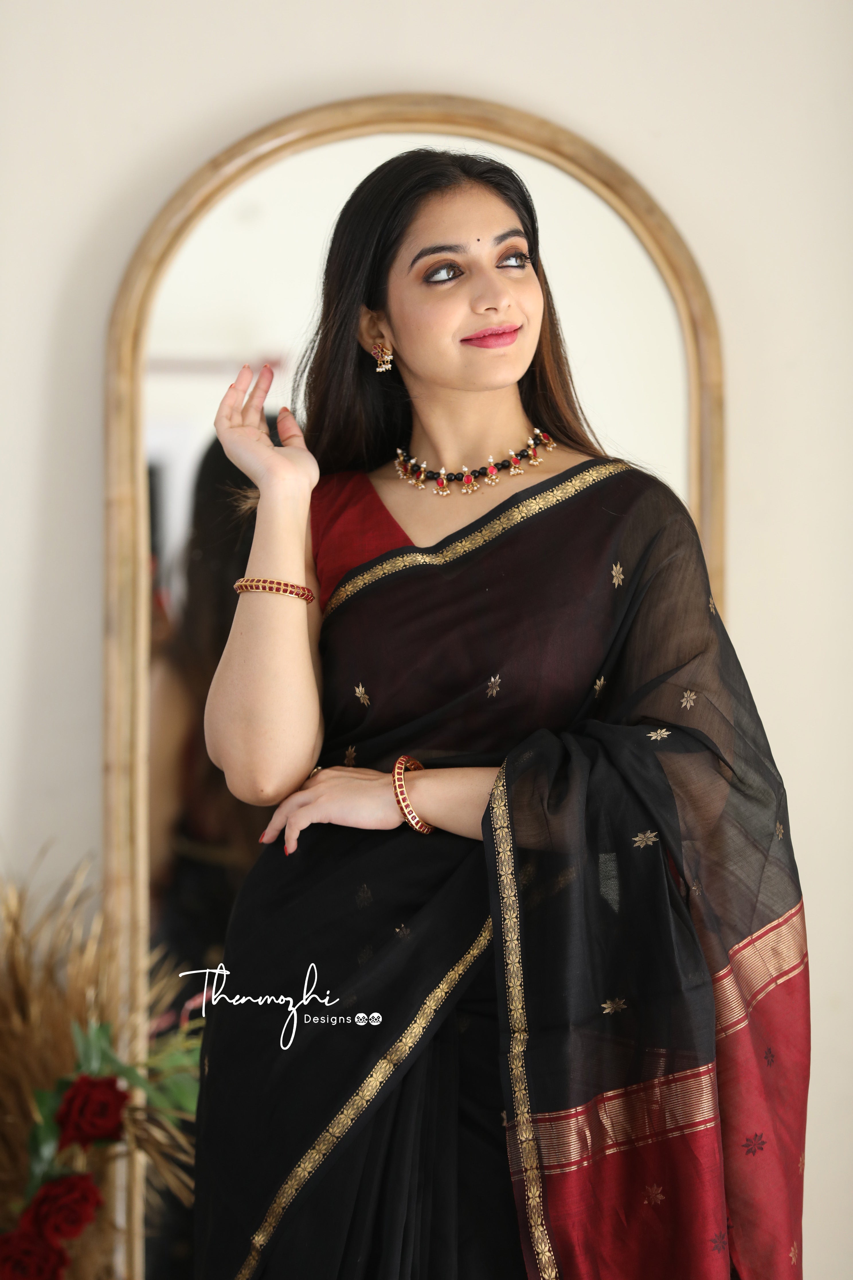 Ethnic Black Maheshwari Silk Cotton Handloom Saree