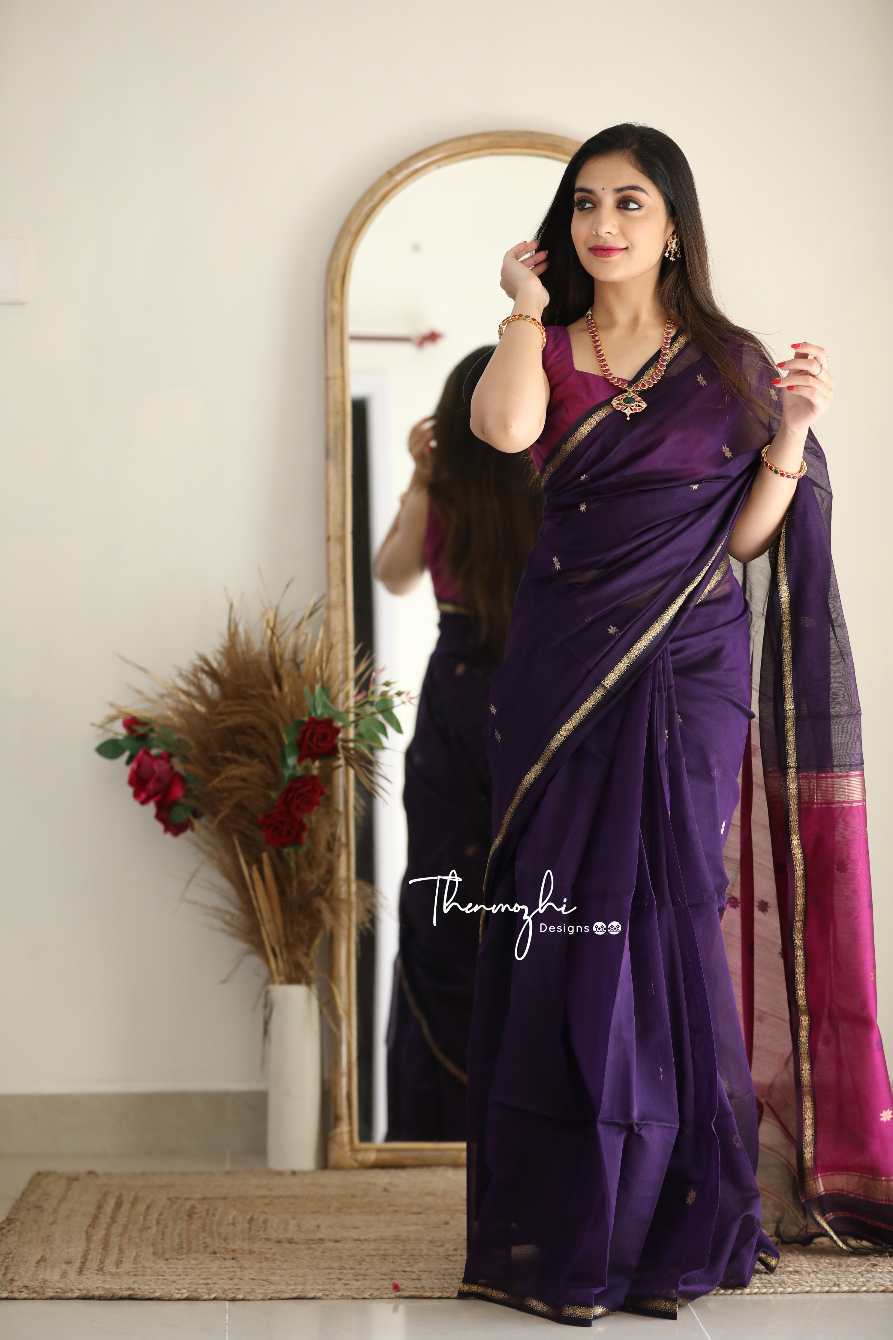 Ethnic Purple Maheshwari Silk Cotton Handloom Saree