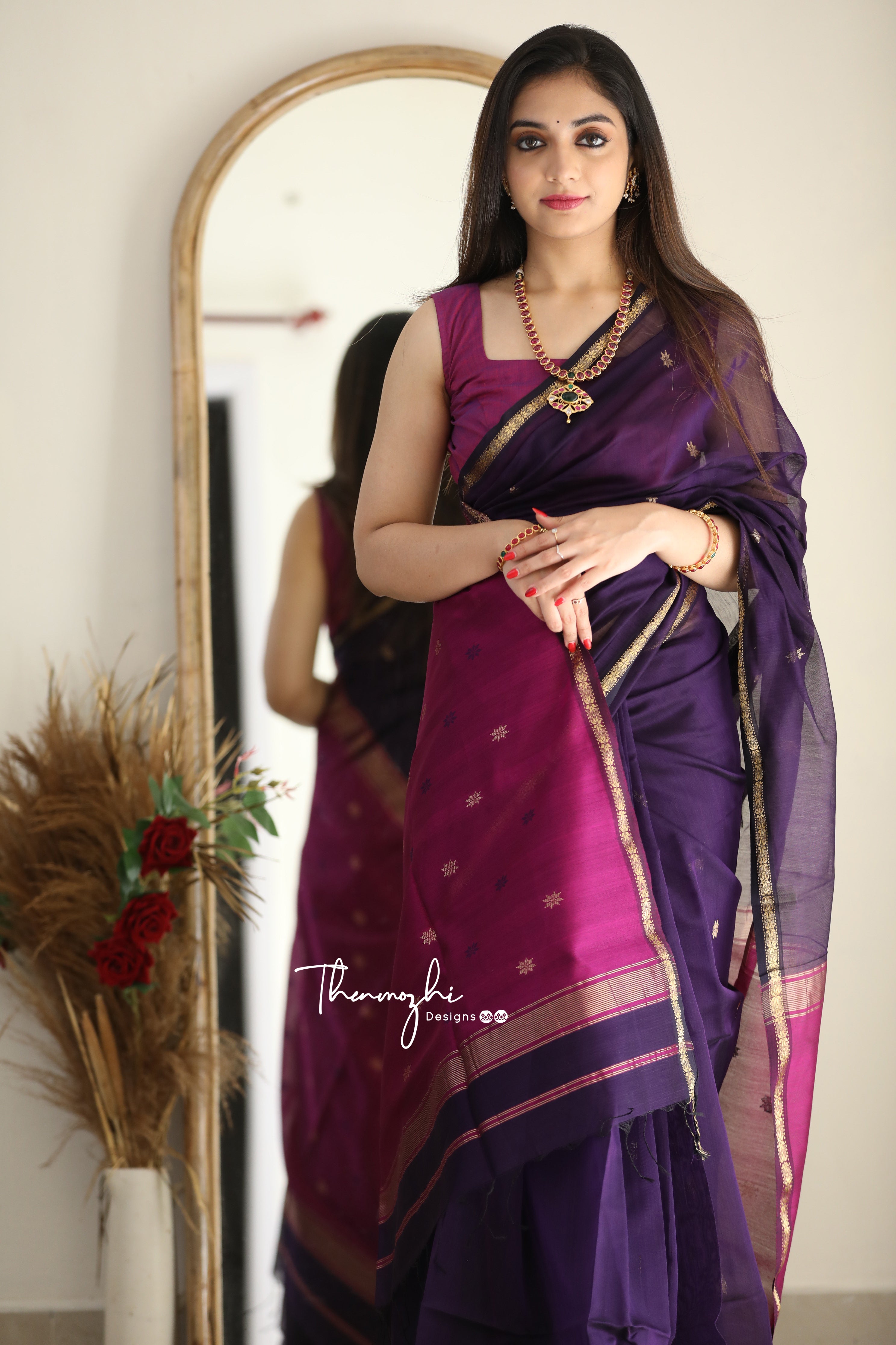 Ethnic Purple Maheshwari Silk Cotton Handloom Saree