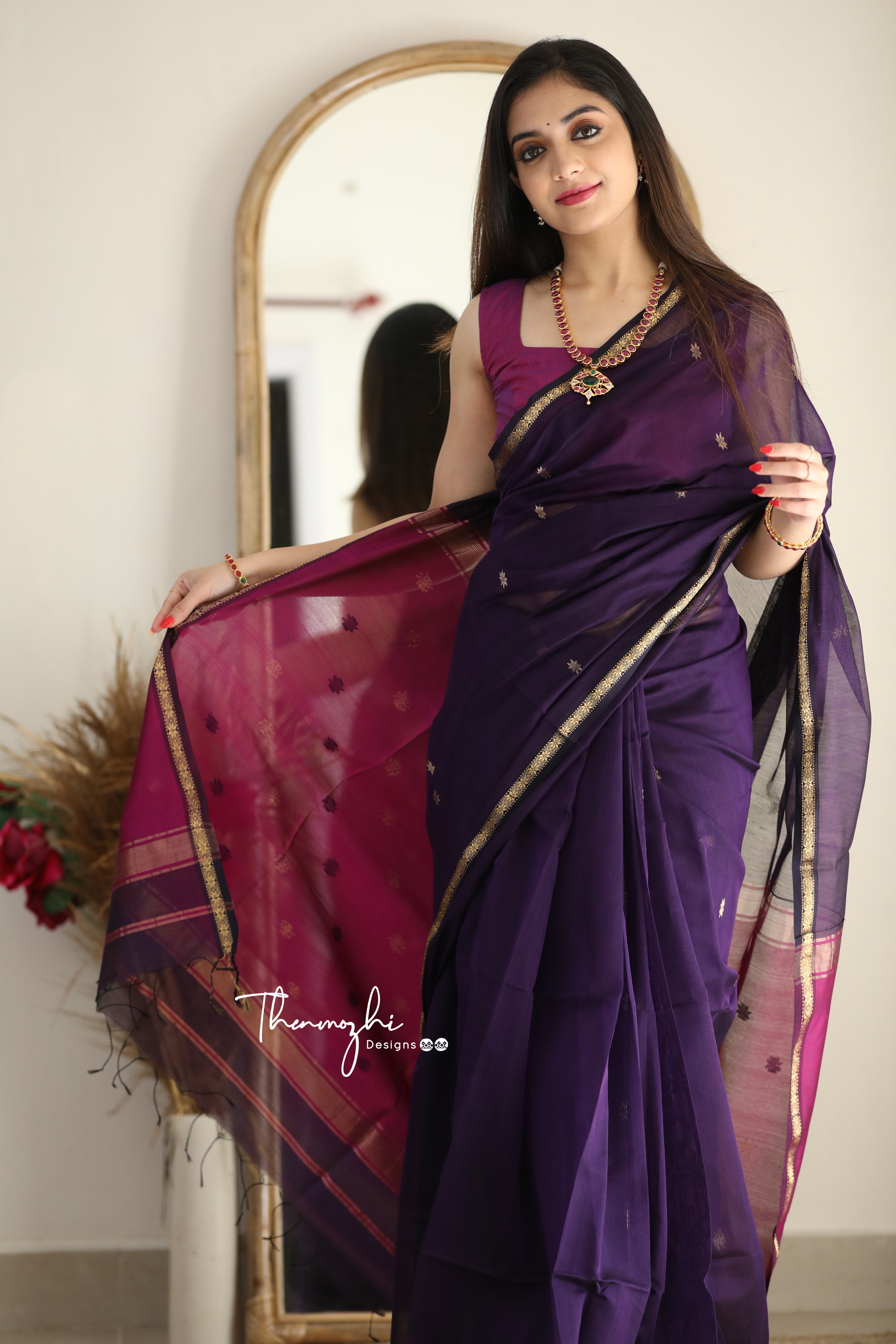 Ethnic Purple Maheshwari Silk Cotton Handloom Saree