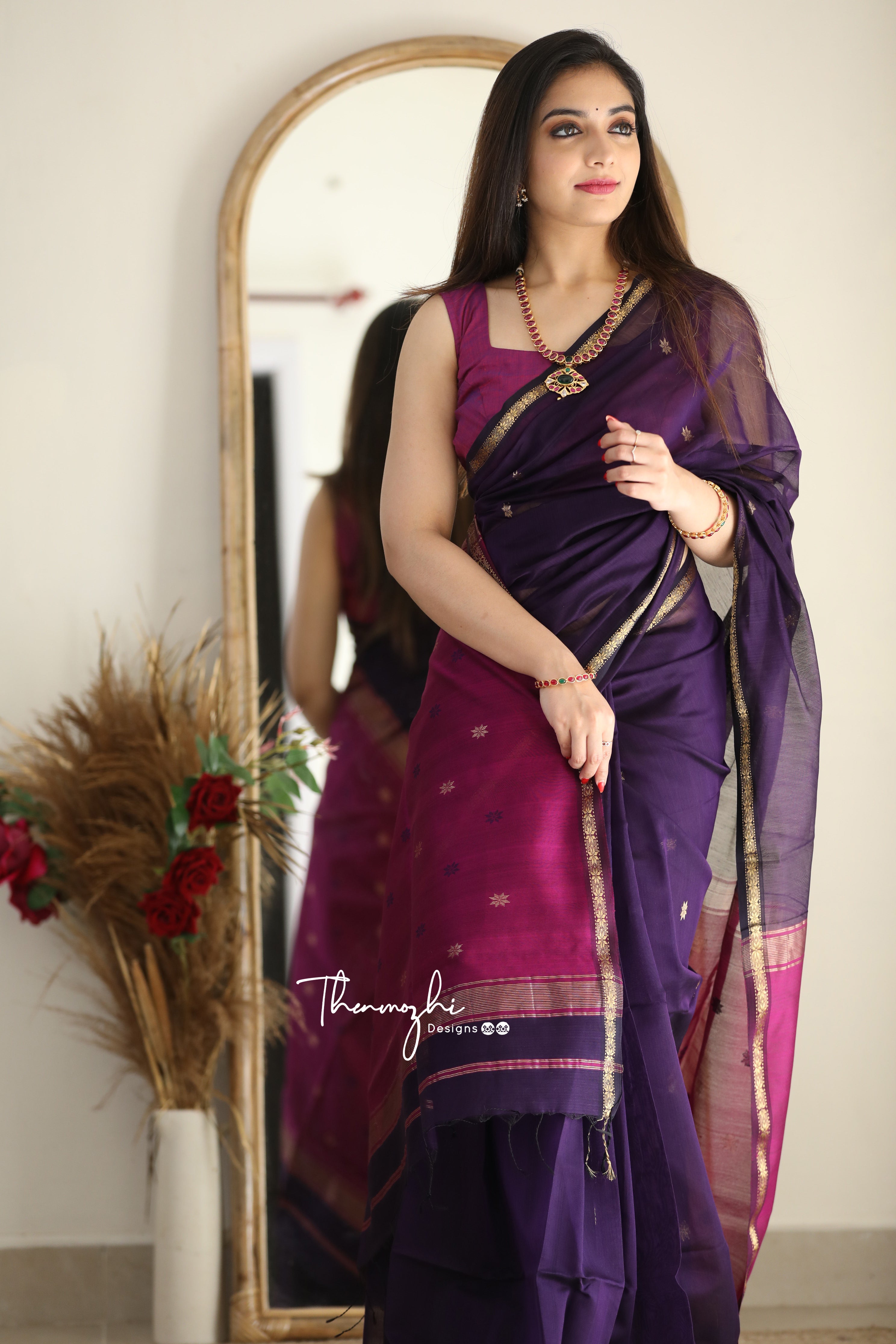 Ethnic Purple Maheshwari Silk Cotton Handloom Saree