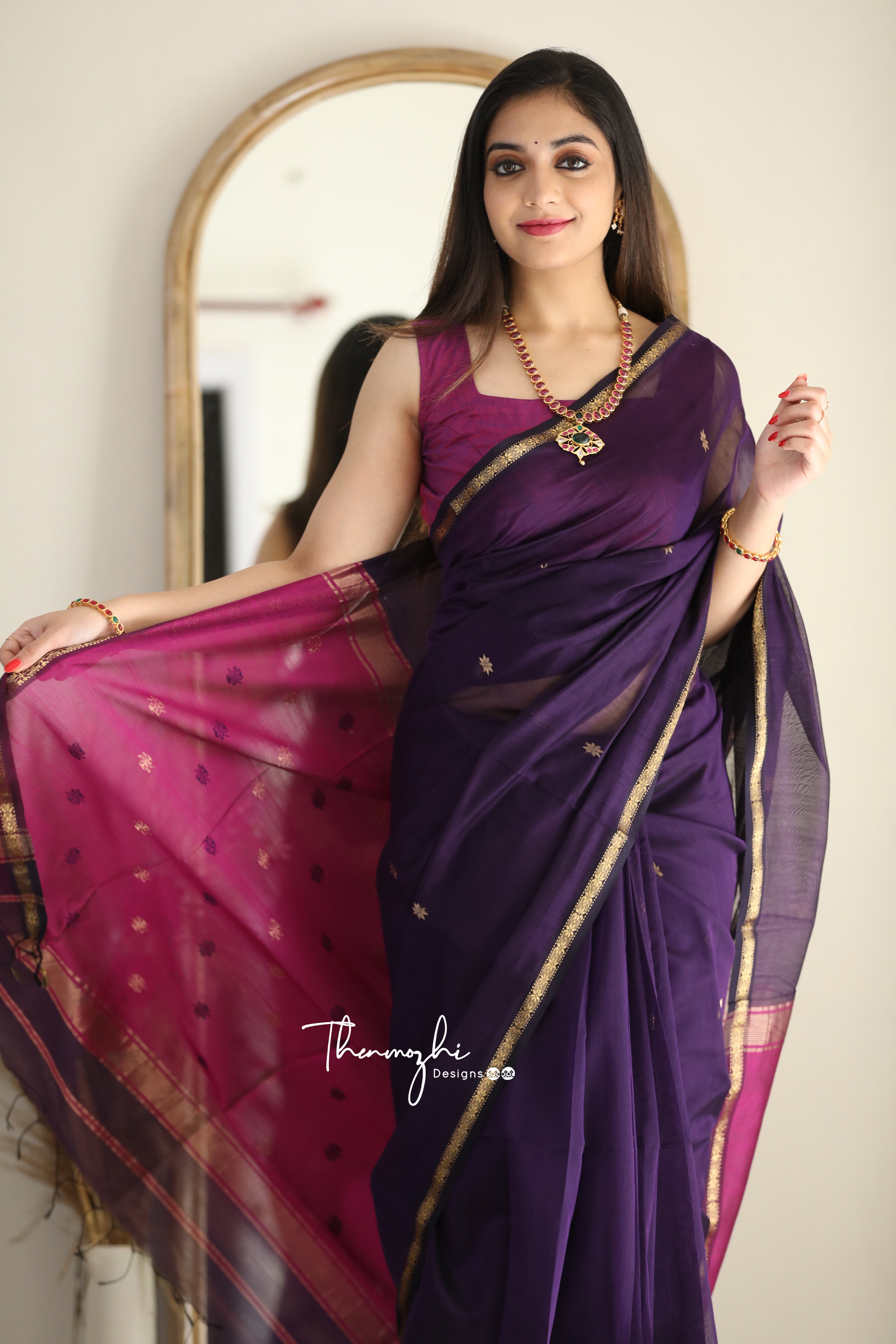Ethnic Purple Maheshwari Silk Cotton Handloom Saree